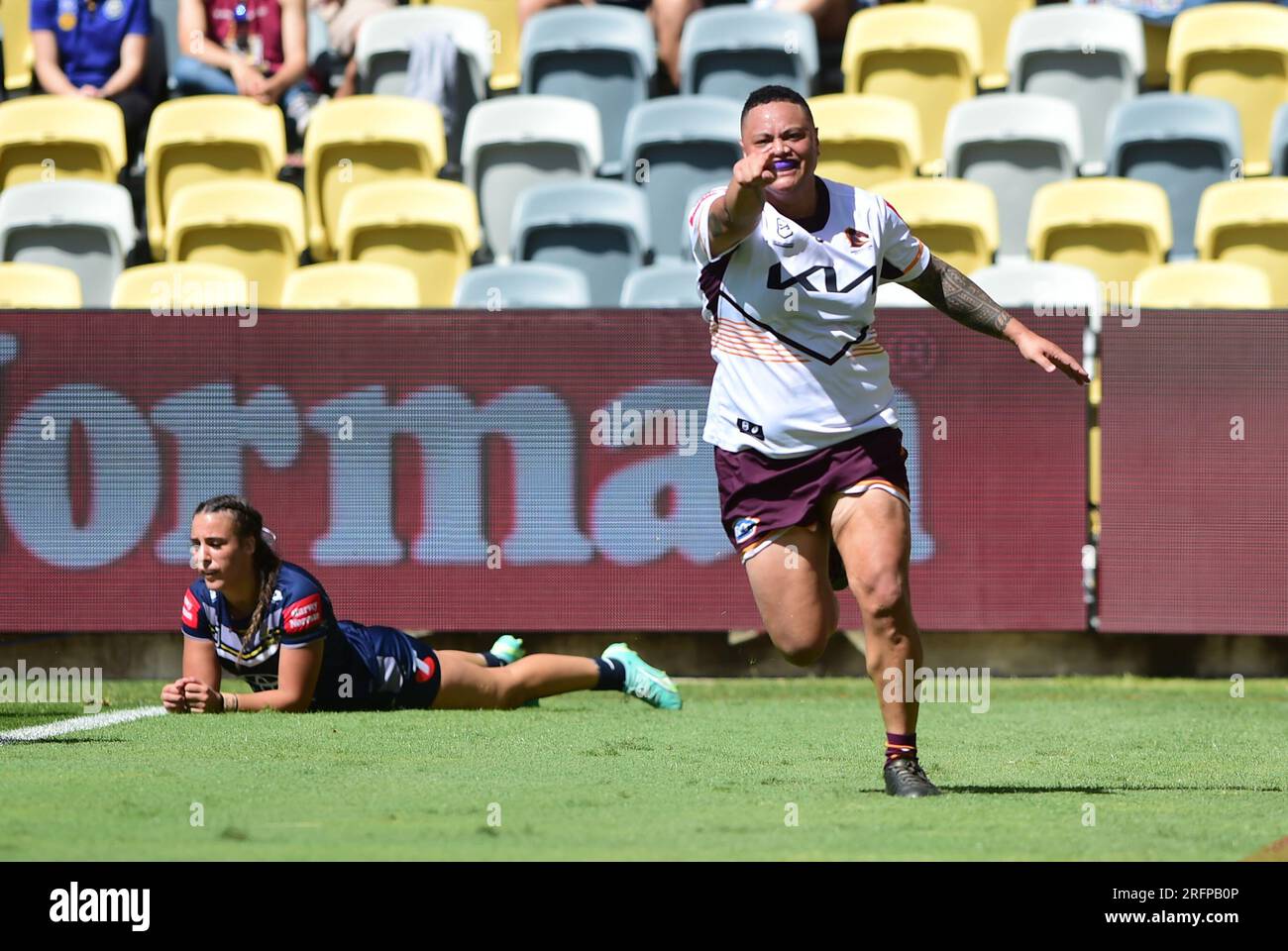 Townsville, Australia. 05th Aug, 2023. Mele Hufanga of the Broncos scores a  try during the NRLW Round 3 match between the North Queensland Cowboys Women  and the Brisbane Broncos at Queensland Country