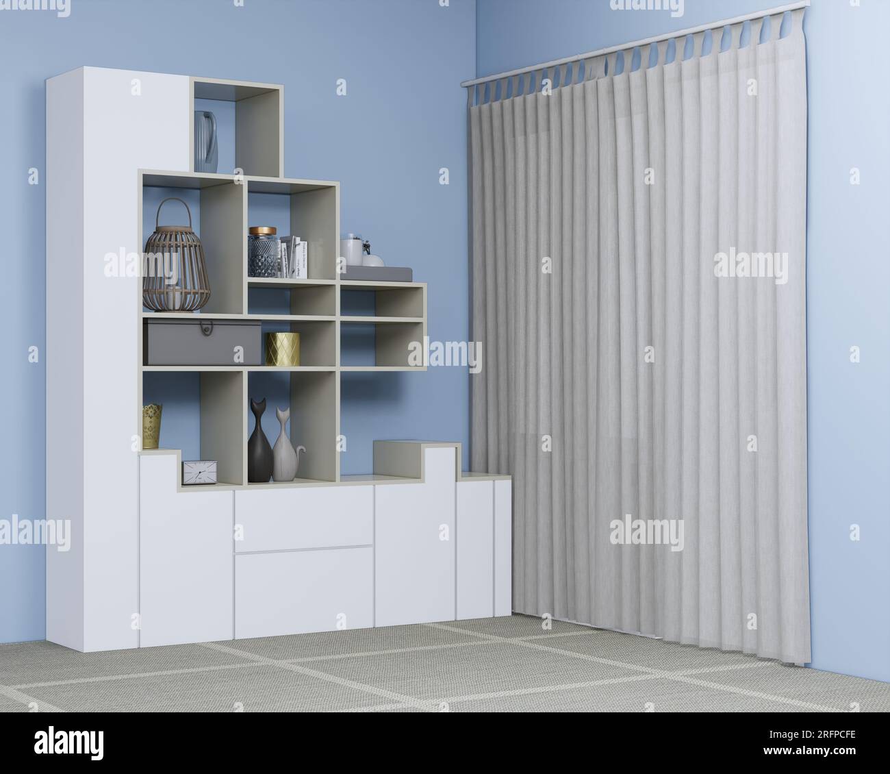 storage cabinet room, 3d illustration, wooden cabinet, rack cabinet, white and brown color light blue blank wall, cabinet storage Stock Photo