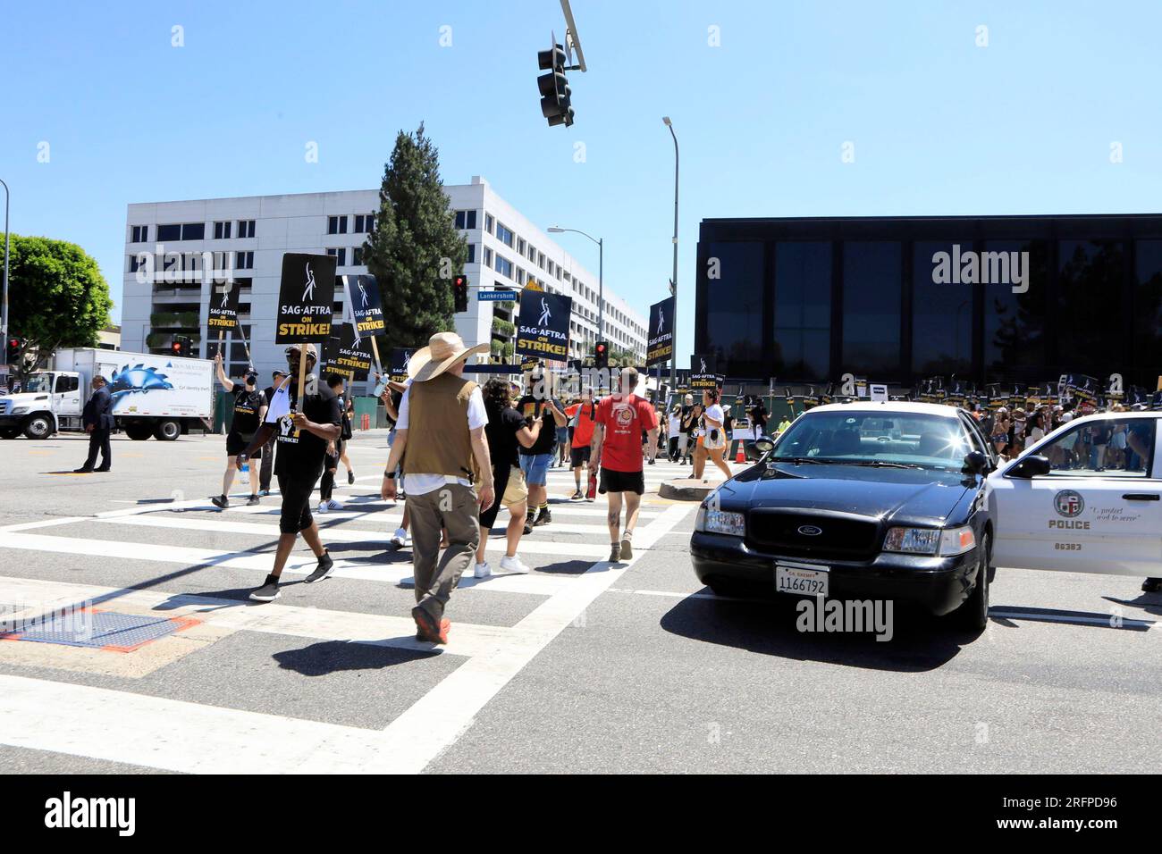 Los Angeles, CA. 4th Aug, 2023. Police shut down Lankershim Blvd for Strike in attendance for SAG-AFTRA and WGA Host Strikers at Picket Line Protest at Universal Studios, Universal City, Los Angeles, CA August 4, 2023. Credit: Priscilla Grant/Everett Collection/Alamy Live News Stock Photo