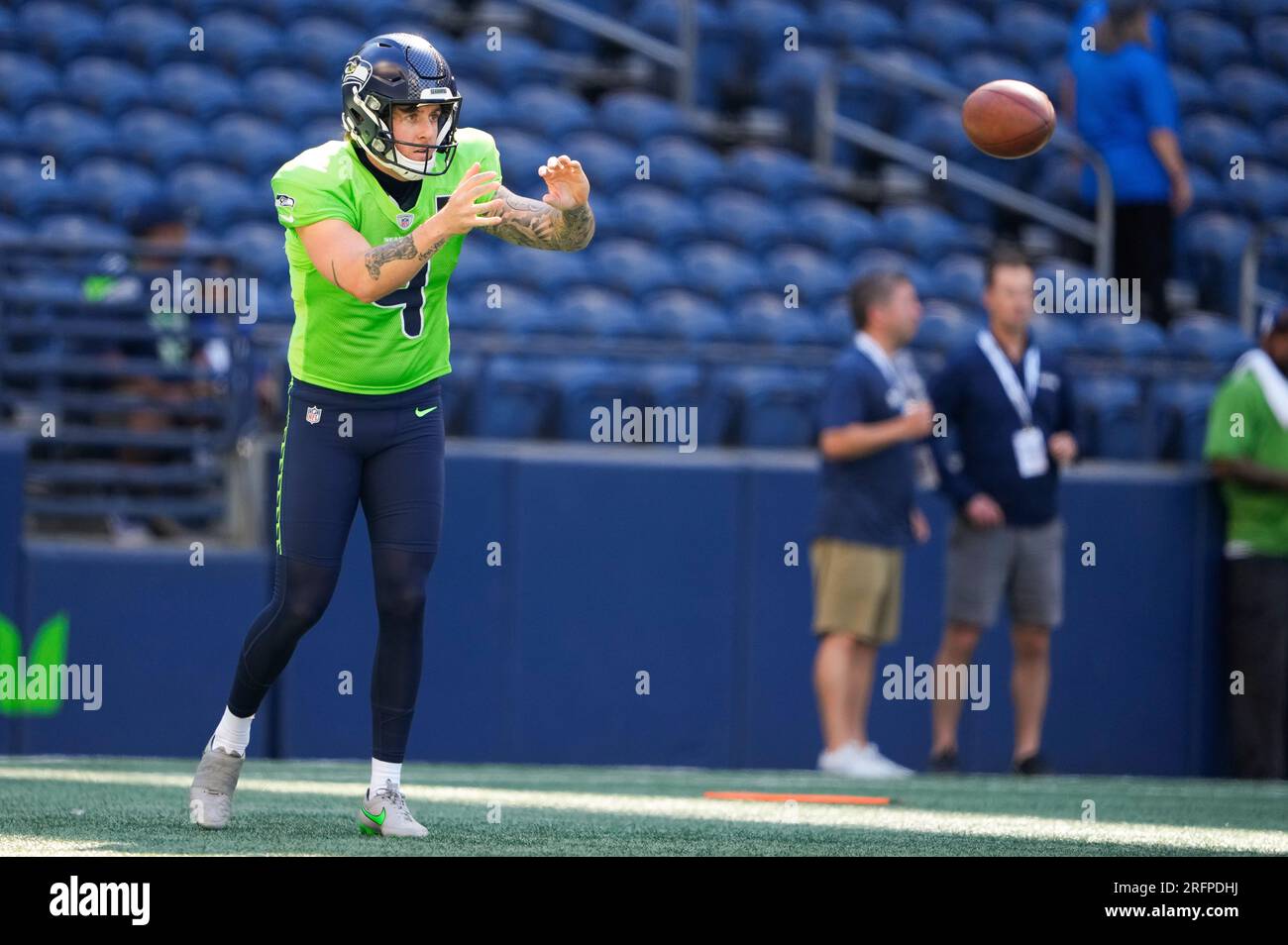 GREEN BAY, WI - AUGUST 26: Seattle Seahawks punter Michael Dickson (4)  waits for a ball during