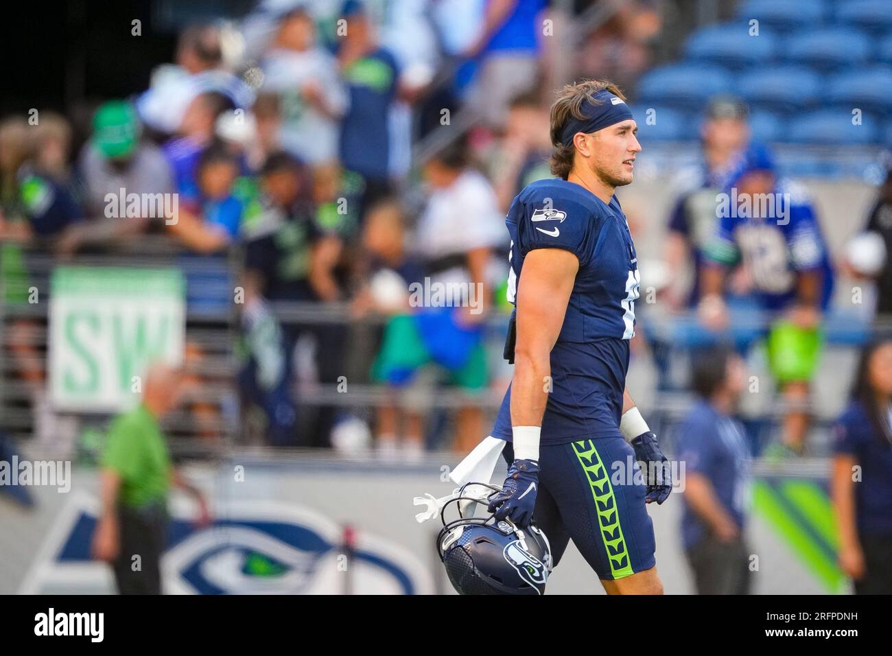 Seattle Seahawks wide receiver Jake Bobo (19) runs with the ball and scores  a touchdown during an NFL pre-season football game against the Minnesota  Vikings, Thursday, Aug. 10, 2023 in Seattle. (AP