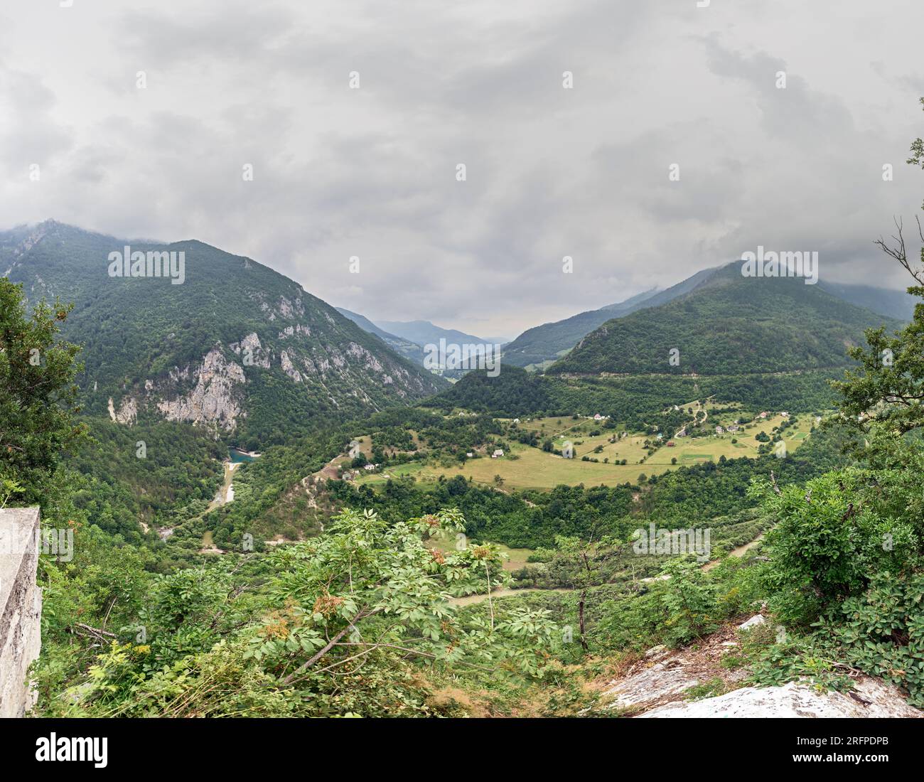 High angle scenic view of Devil's Lies (Davolje lazi) canyon of Tara river in cloudy summer day in Montenegro. Stock Photo