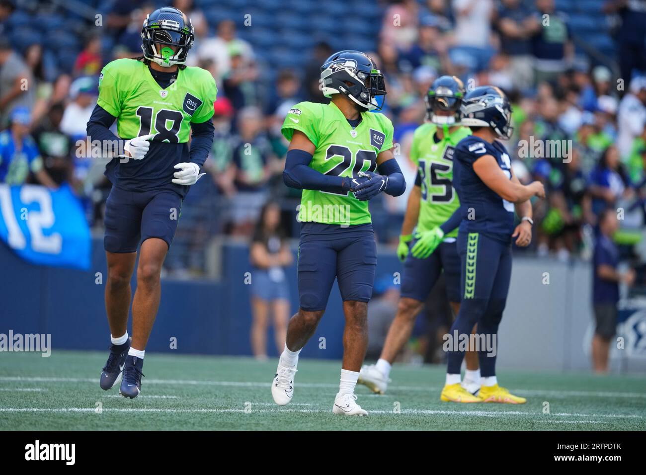 Seattle Seahawks cornerback Devon Witherspoon (21) talks with cornerback  Lance Boykin (29) during the NFL football team's rookie minicamp, Friday,  May 12, 2023, in Renton, Wash. (AP Photo/Lindsey Wasson Stock Photo - Alamy