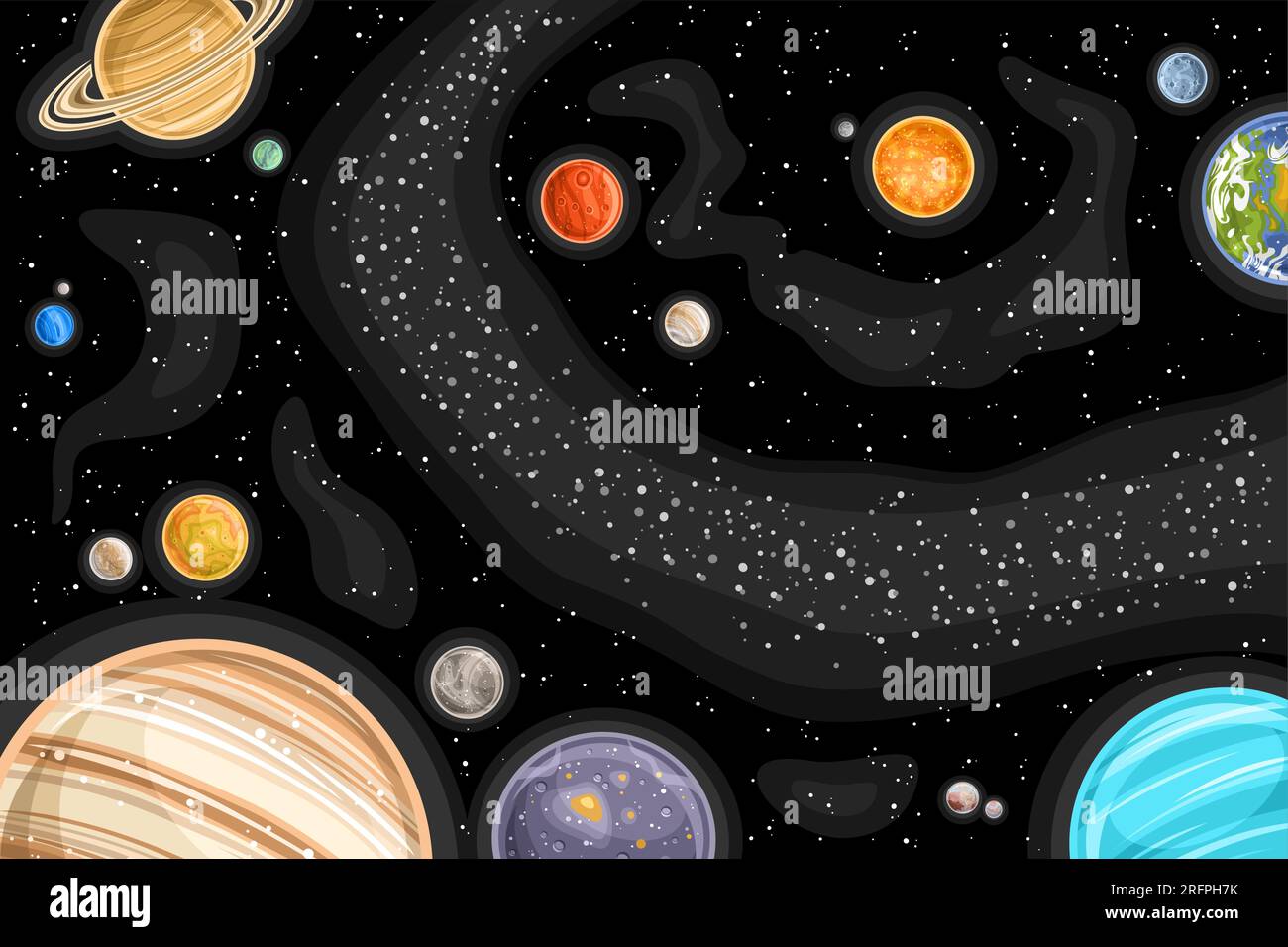 Vector Fantasy Space Chart, astronomical horizontal poster with illustration of variety colorful planets and asteroid belt in deep space, decorative c Stock Vector