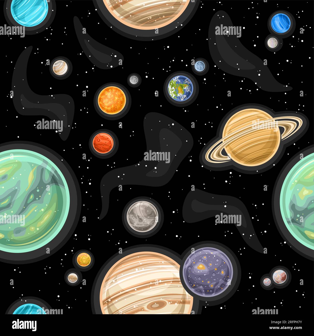 Vector Space Seamless Pattern, square repeat background with illustration of different planets and stars in deep space for bed linen design, decorativ Stock Vector