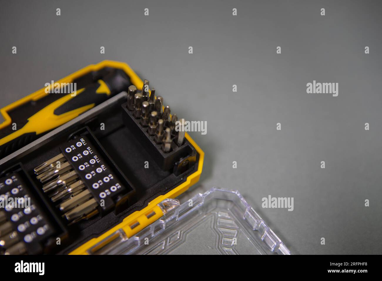 Screwdriver bit set. Metal bits for screwdriver boxes. A set of tools