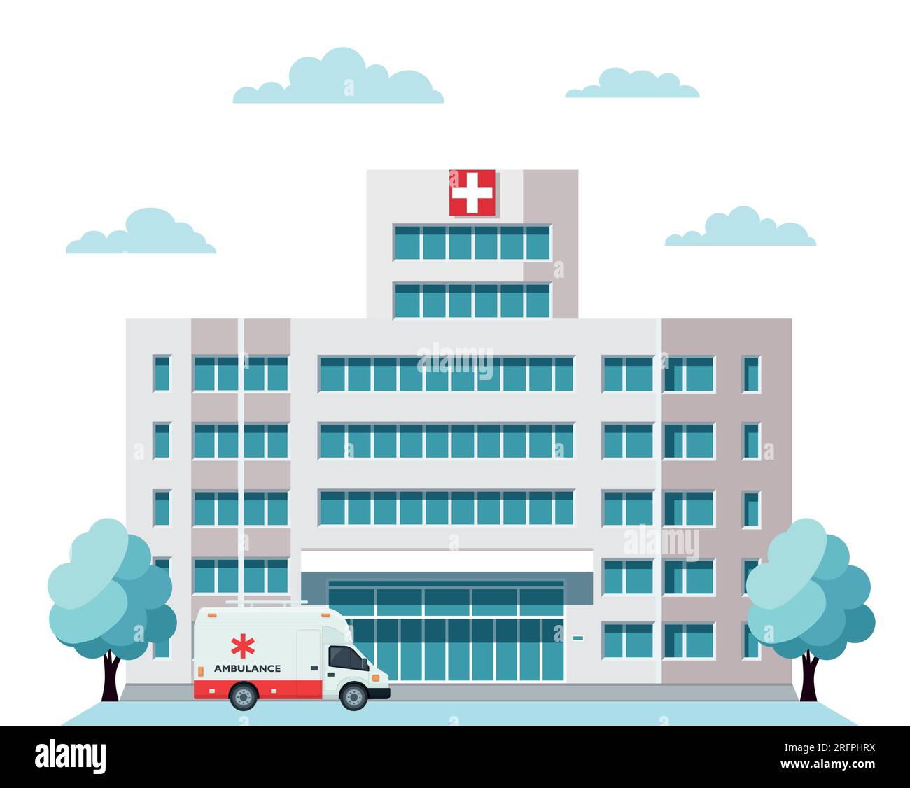 Medical hospital building exterior with city landscape and ambulance car. Vector illustration. Stock Vector