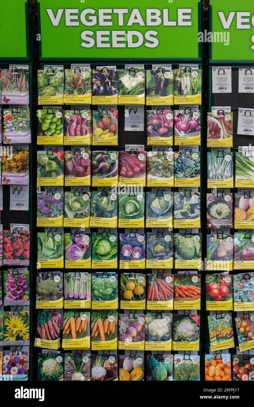 Wicklow, Ireland - July 15th 2023: Seed packets on display for sale in gardening centre Stock Photo