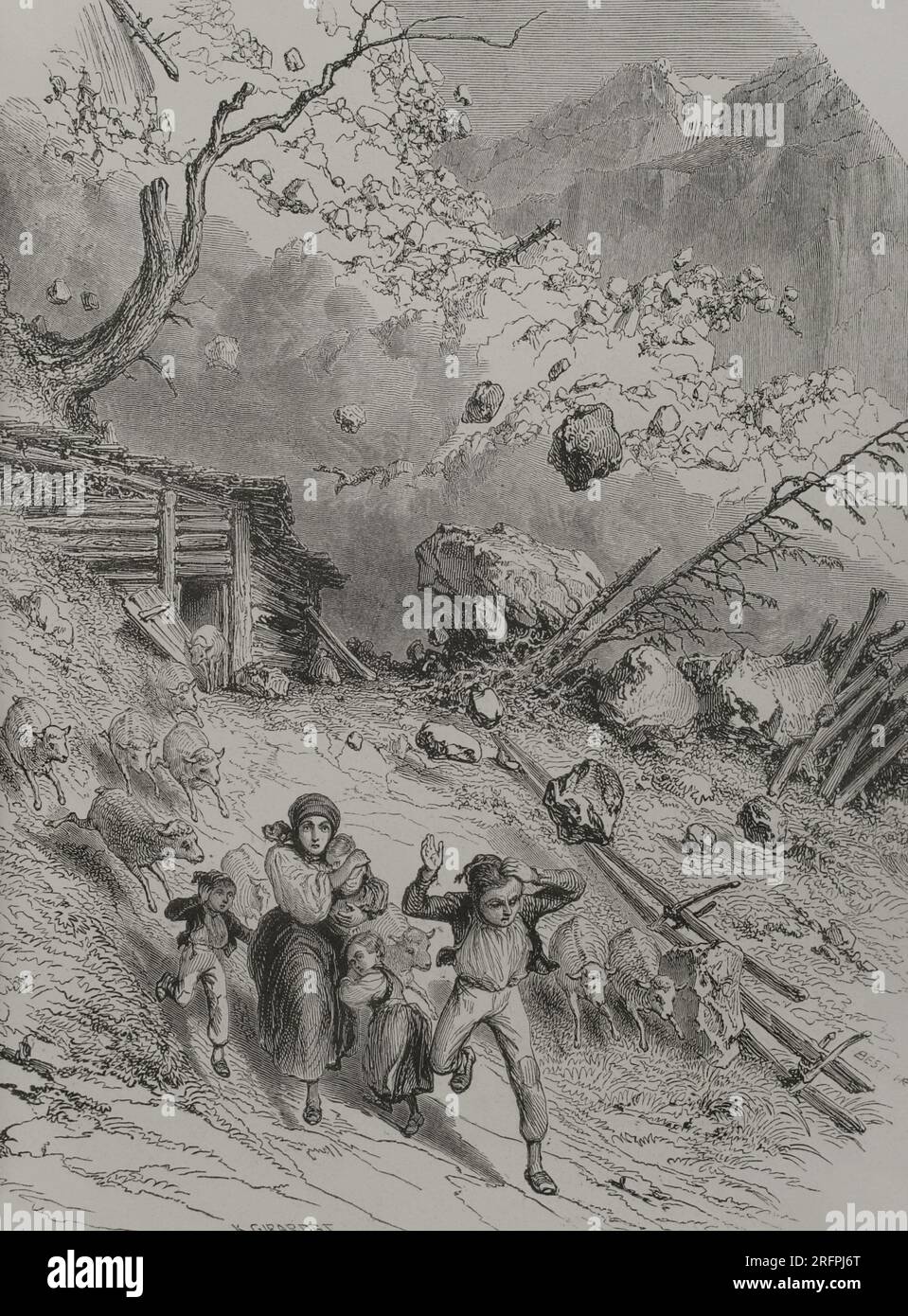 An avalanche in the Alps. Engraving by K. Girardet. 'Los Héroes y las Grandezas de la Tierra'. Volume V. 1855. Stock Photo
