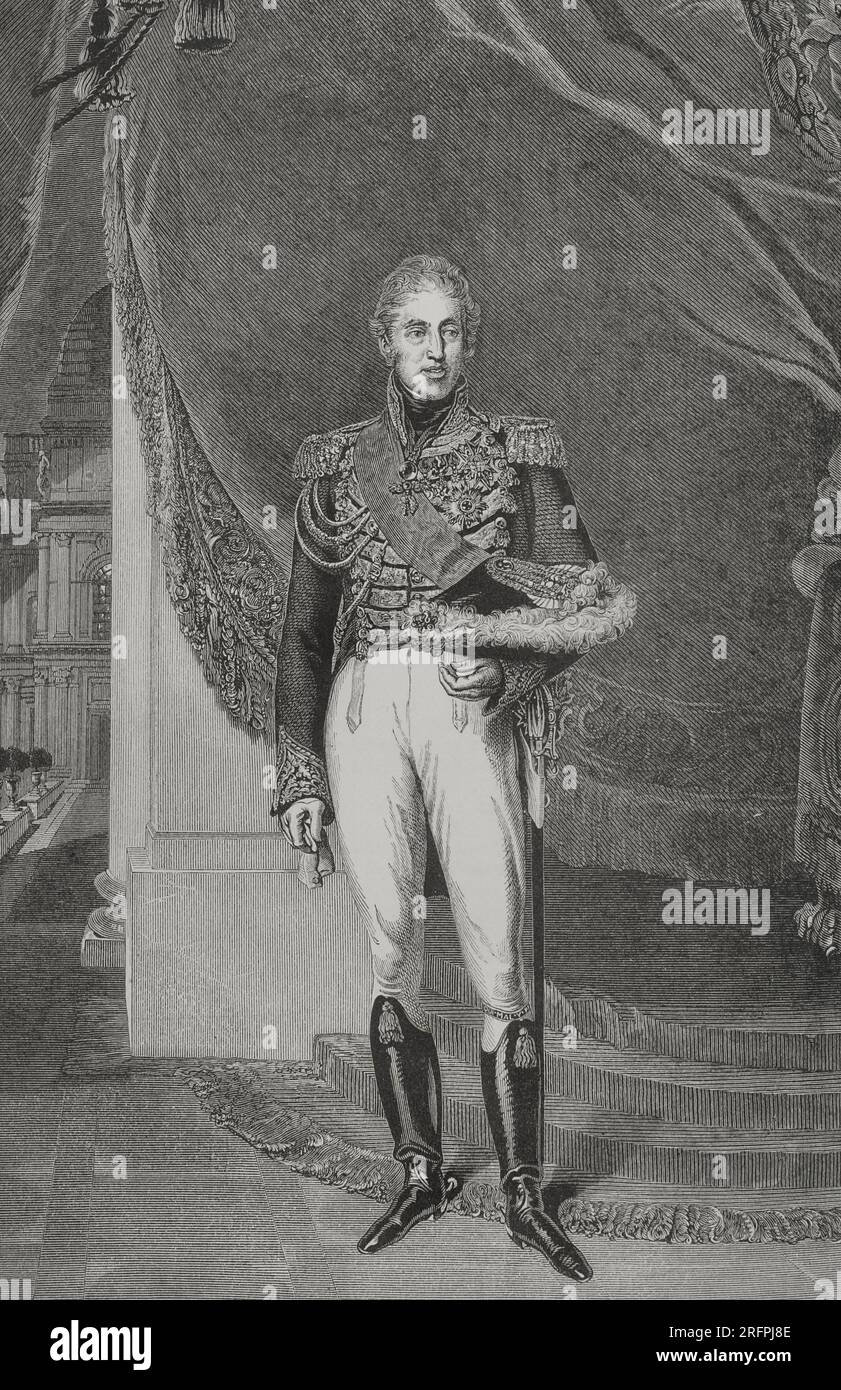 Charles X of France (1757-1836). King of France and Navarre from 1824 to 1830. He abdicated after a liberal revolution in 1830. Portrait. Drawing by Cabasson after a painting from Sir Thomas Lawrence (1769-1830). Engraving by A. Quartley. 'Los Héroes y las Grandezas de la Tierra'.  Volume V. 1855. Stock Photo