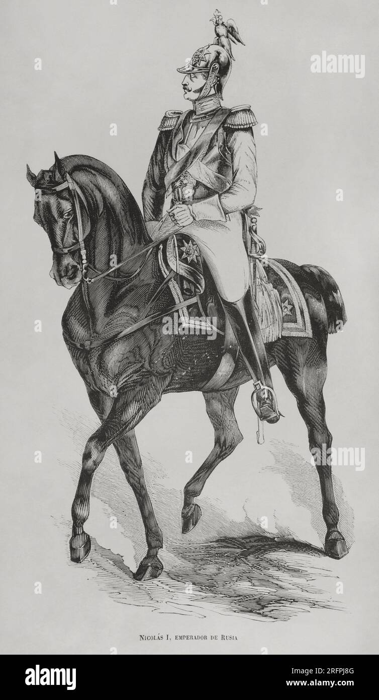 Nicholas I of Russia (1796-1855). Tsar of Russia (1825-1855). Equestrian portrait. Engraving. 'Los Héroes y las Grandezas de la Tierra'. Tomo V. 1855. Stock Photo