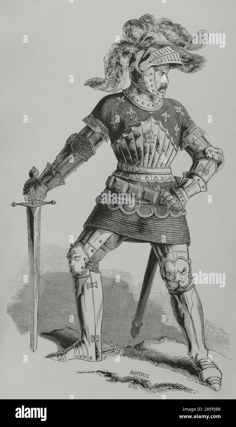 Pierre Terrail, seigneur de Bayard (1476-1524). French nobleman who took part as a knight in the Italian wars. Bayard gave rise to the legend of the 'the knight without fear and beyond reproach'. Portrait. Engraving by Martinez. 'Los Héroes y las Grandezas de la Tierra'. Volume V. 1855. Stock Photo