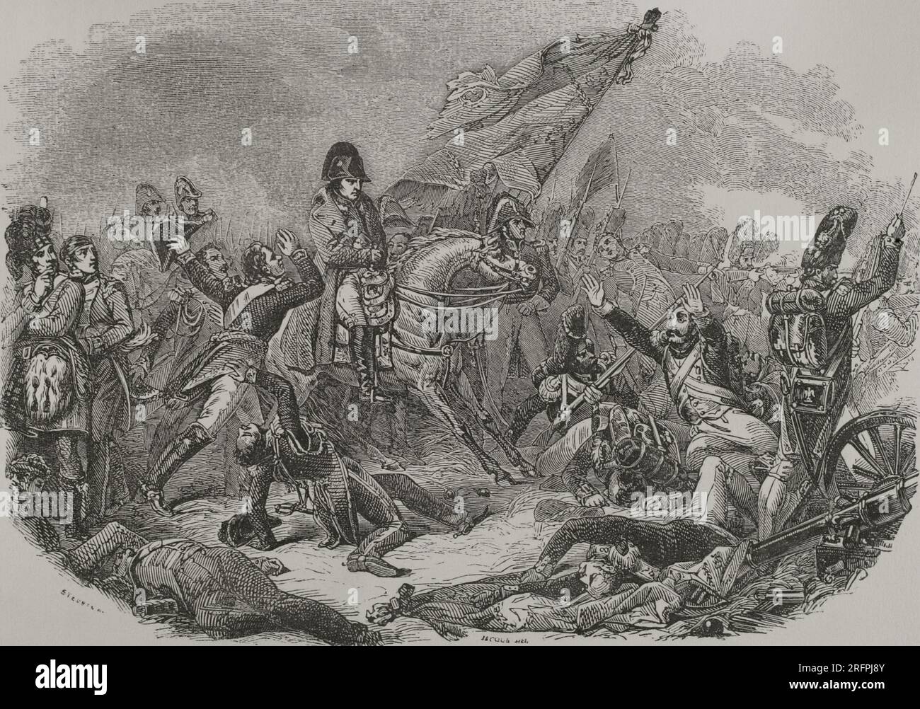 Napoleonic Wars. Battle of Waterloo. Combat that took place on 18 June 1815 in present-day Belgium. Napoleon was defeated by two of the armies of the Seventh Coalition. Engraving. 'Los Héroes y las Grandezas de la Tierra'.  Volume V. 1855. Stock Photo