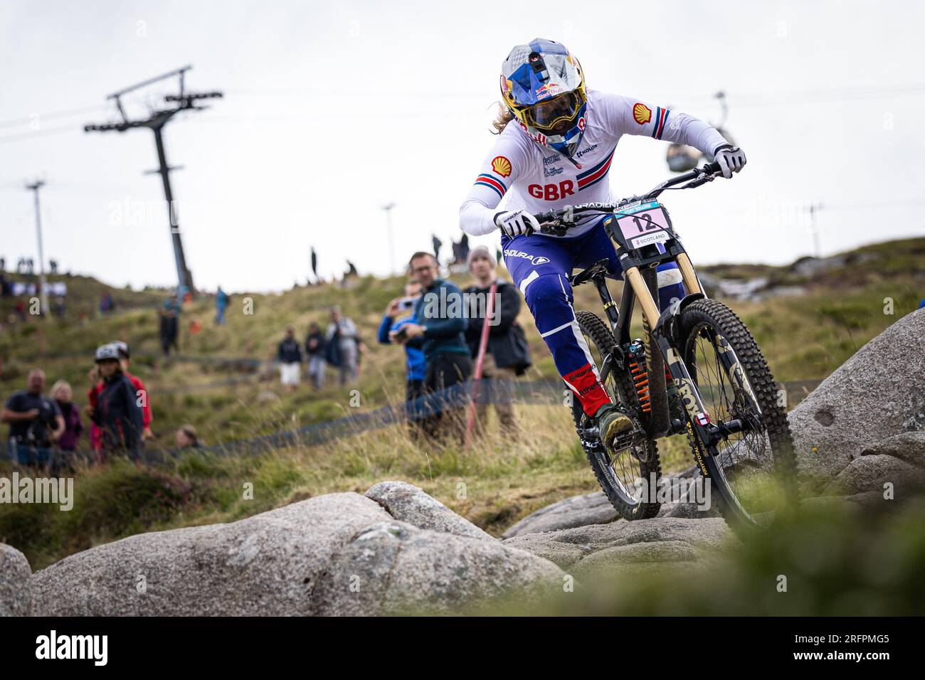 Biker Rachel Atherton of Great Britain in action during the UCI Cycling World Championships Mountain Bike Downhill race at Fort William in the Highlan Stock Photo