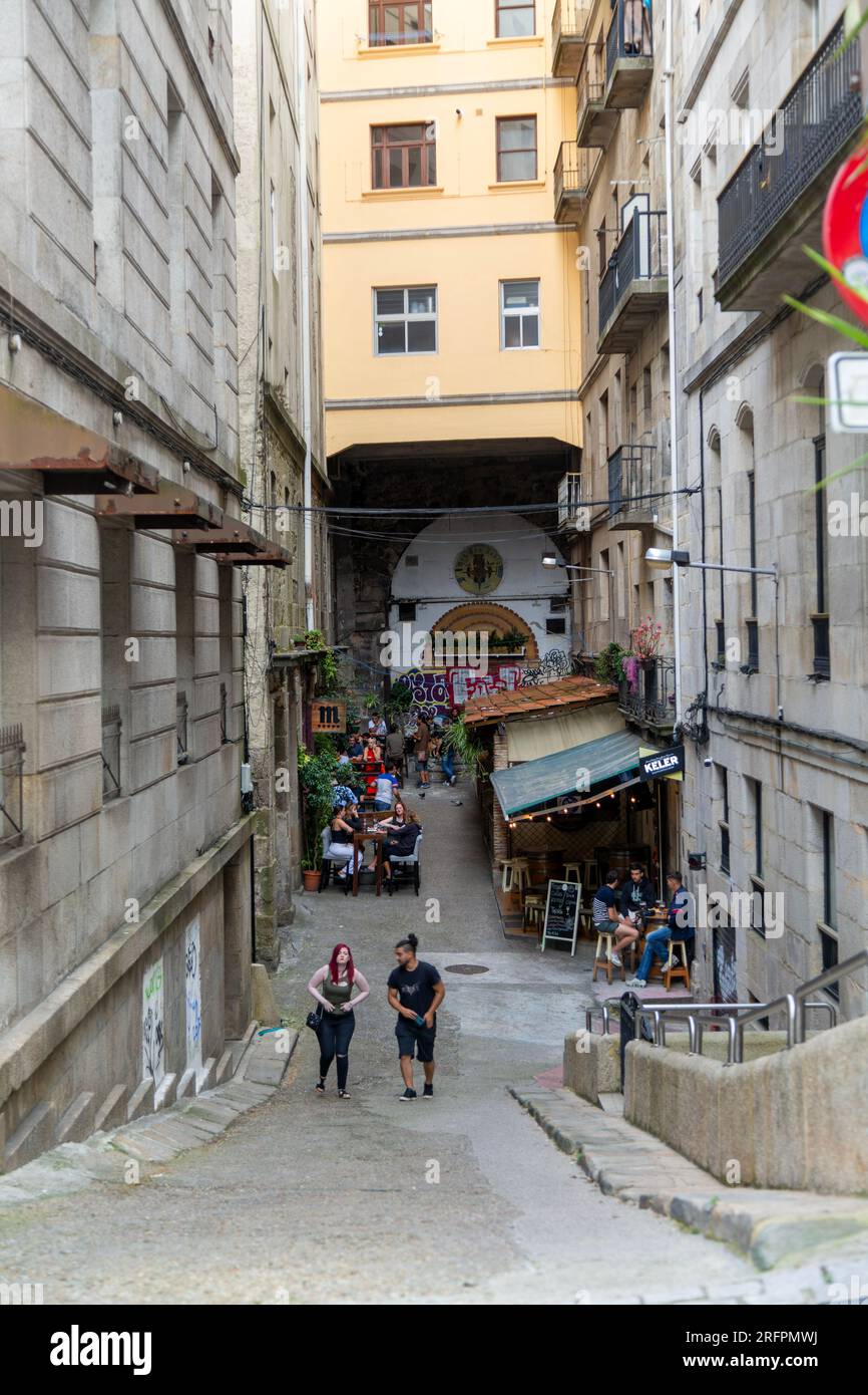 Street of bars, 4 Tr.ª Primera de Victoria, old town area of city of Vigo,  Galicia, Spain Stock Photo