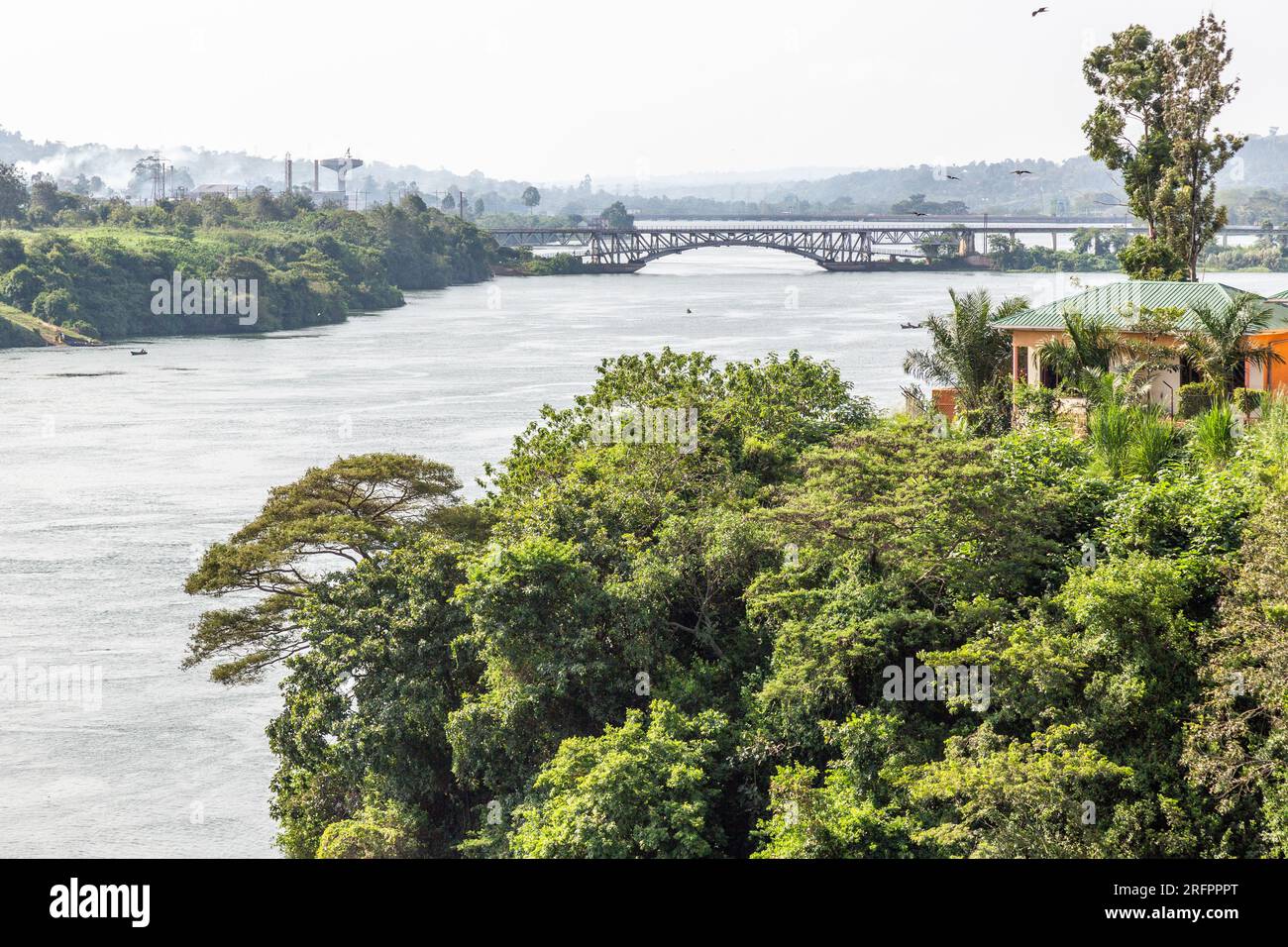 View of the Jinja railway bridge spanning the Nile River towards Owen