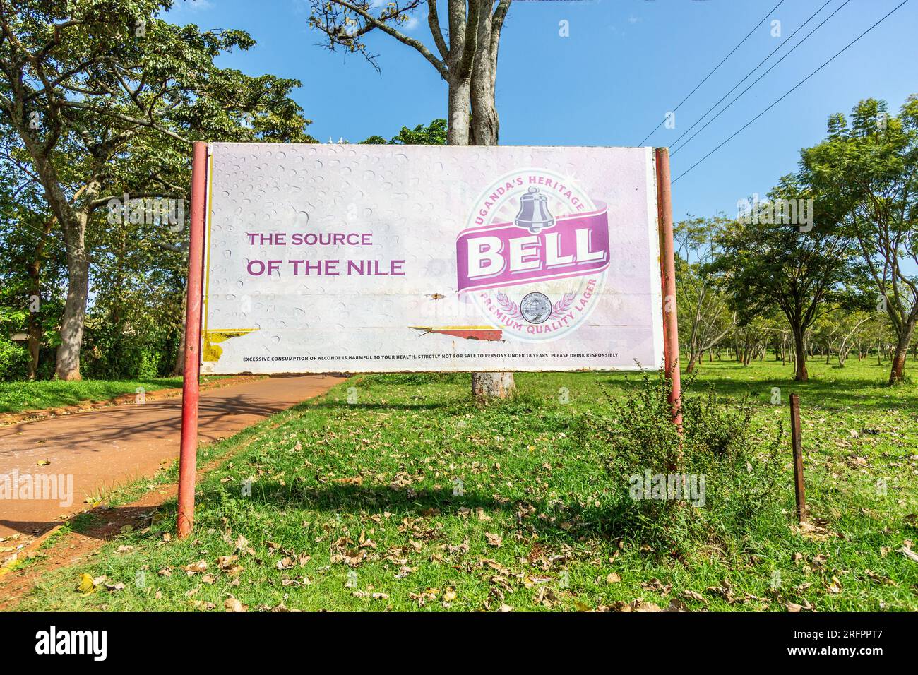 Billboard advertising the source of the Nile in Jinja, Uganda Stock