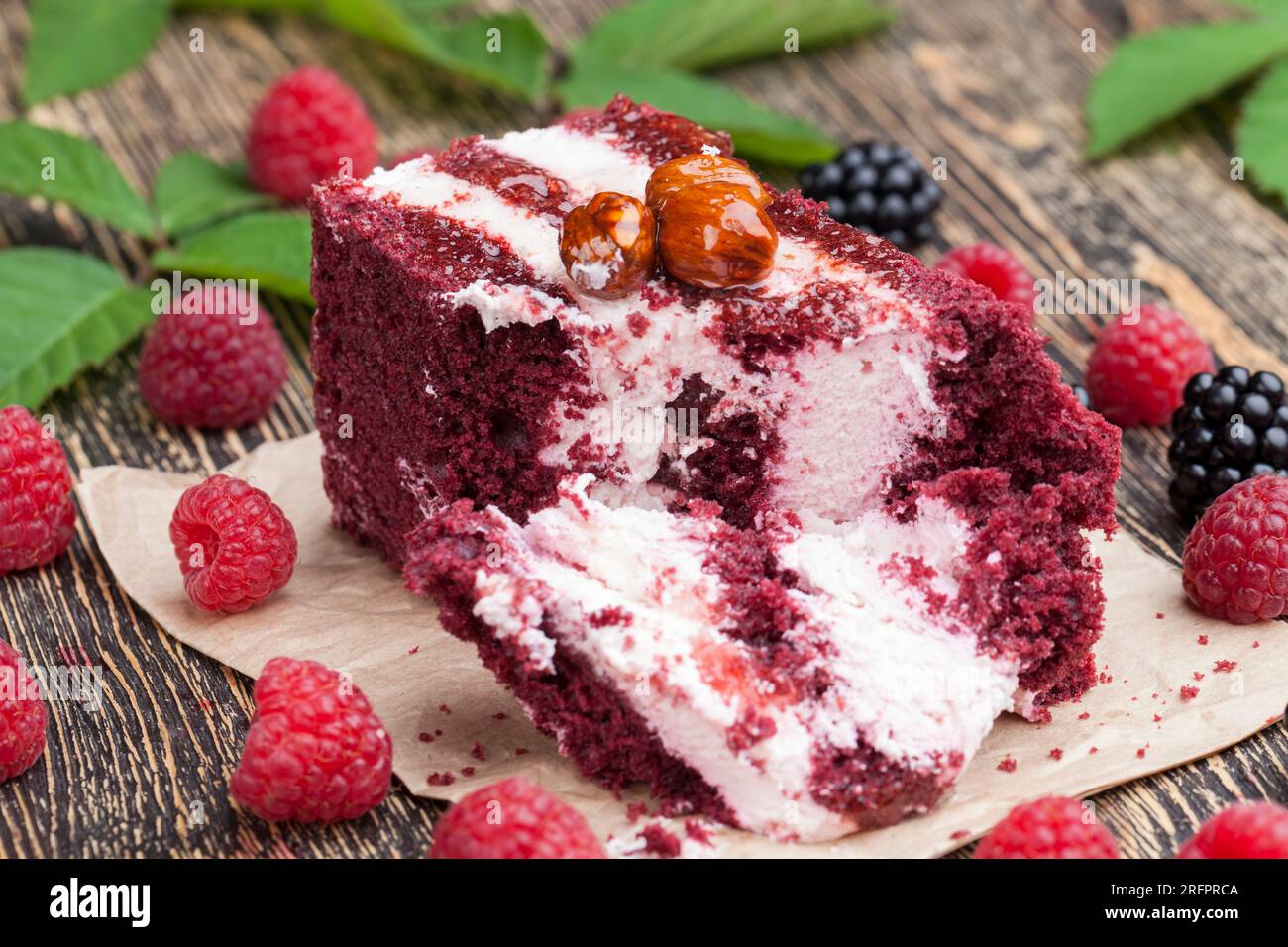 Puff Pastry With White Cream Filling And Red Dough And Raspberries With 