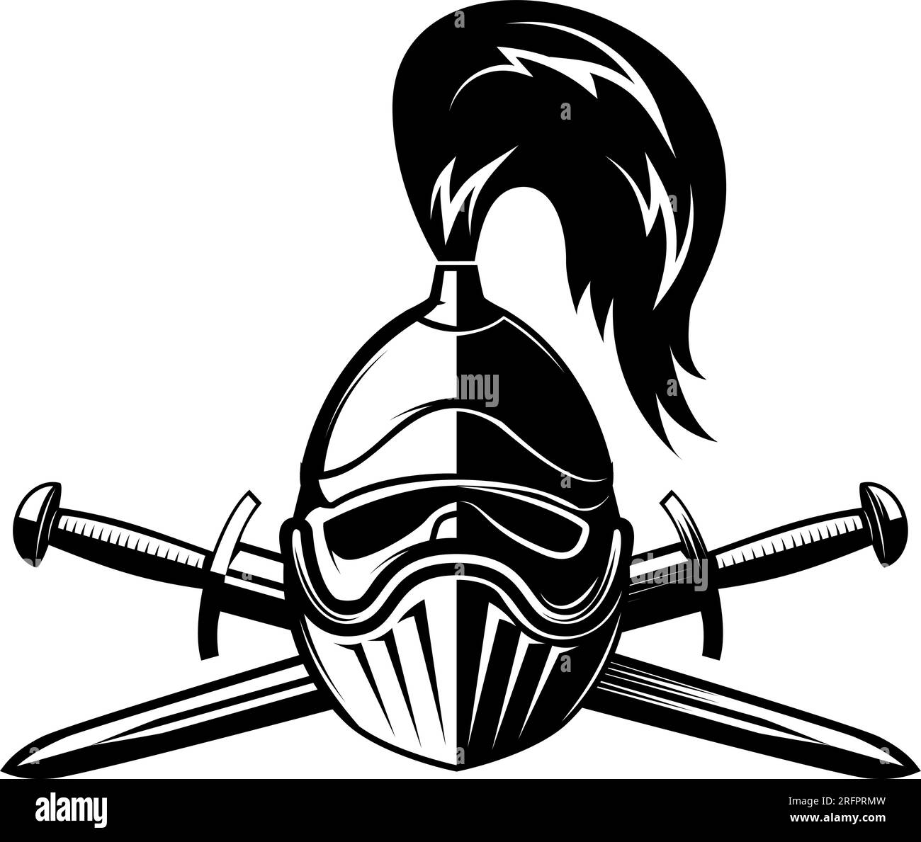 Knight helmet with crossed swords. Warrior helmet with swords. Design element Stock Vector Image