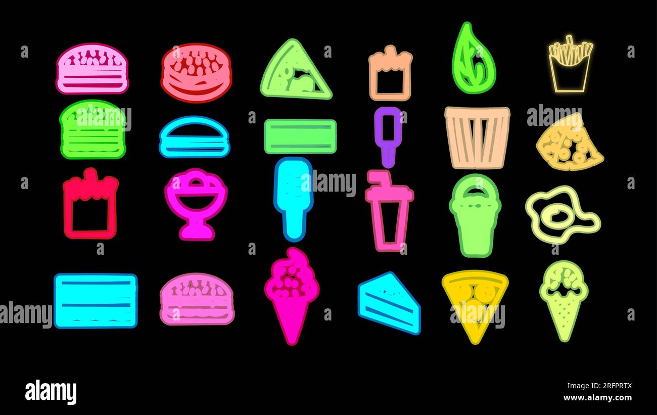 Neon bright glowing multicolored set of 15 icons of delicious food and