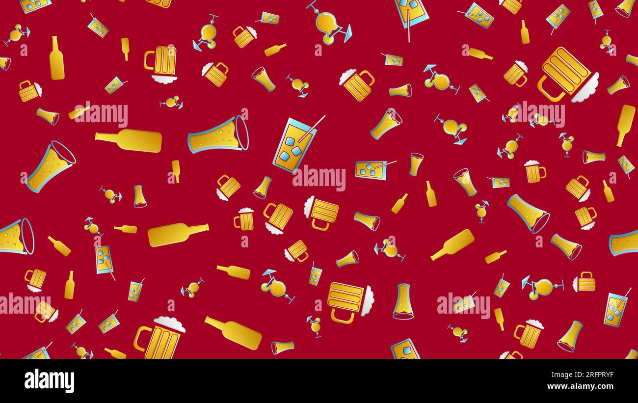 Endless seamless pattern of beautiful glass glasses with tasty alcoholic cocktails with ice and straws with lemons and beer for a party on a red backg Stock Vector