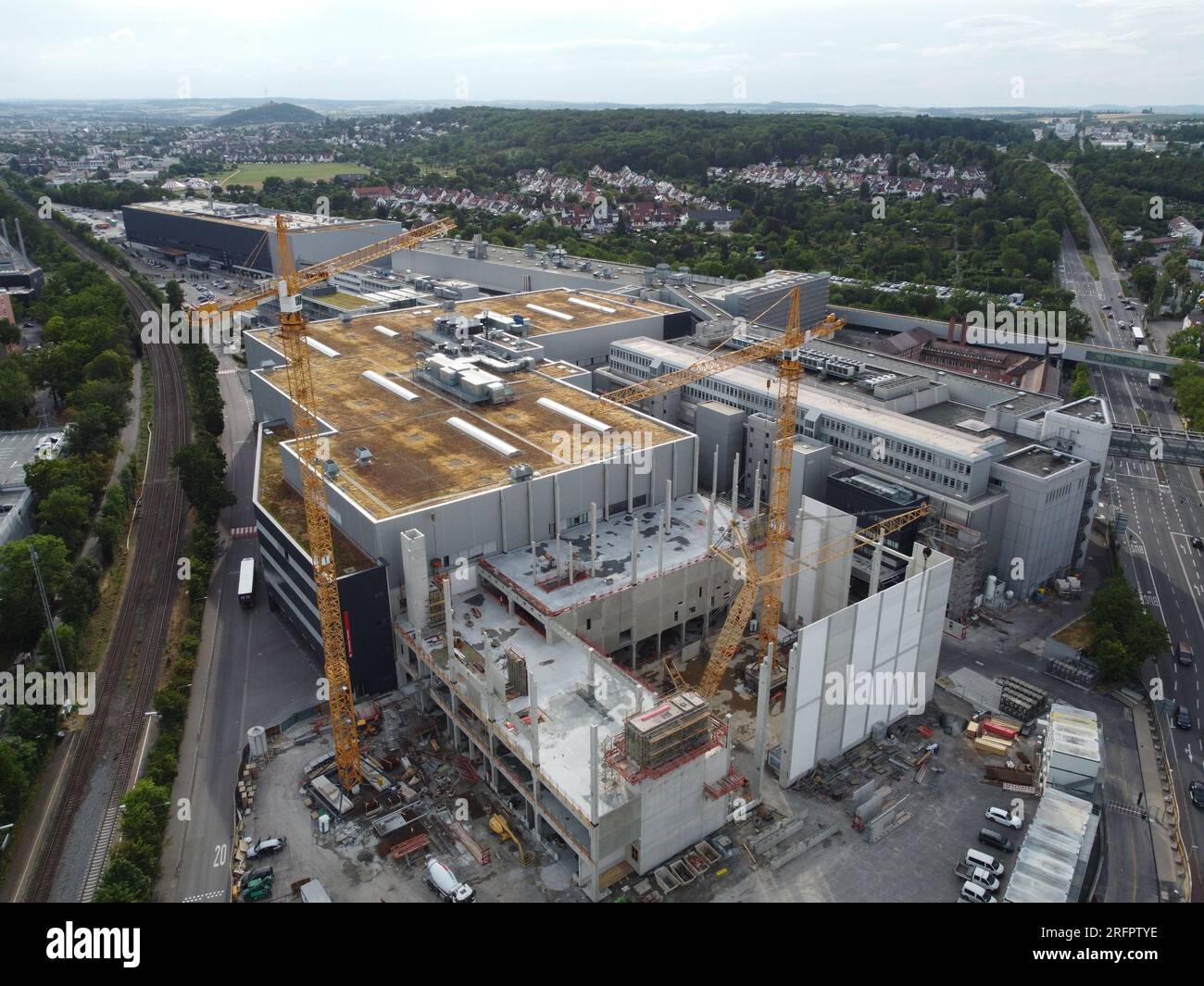 An aerial view of the Stuttgart-Zuffenhausen body shop extension works at Porsche Werk 5, Bau 30 Stock Photo