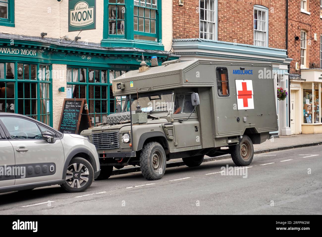Land Rover Defender army ambulance vehicle Stock Photo