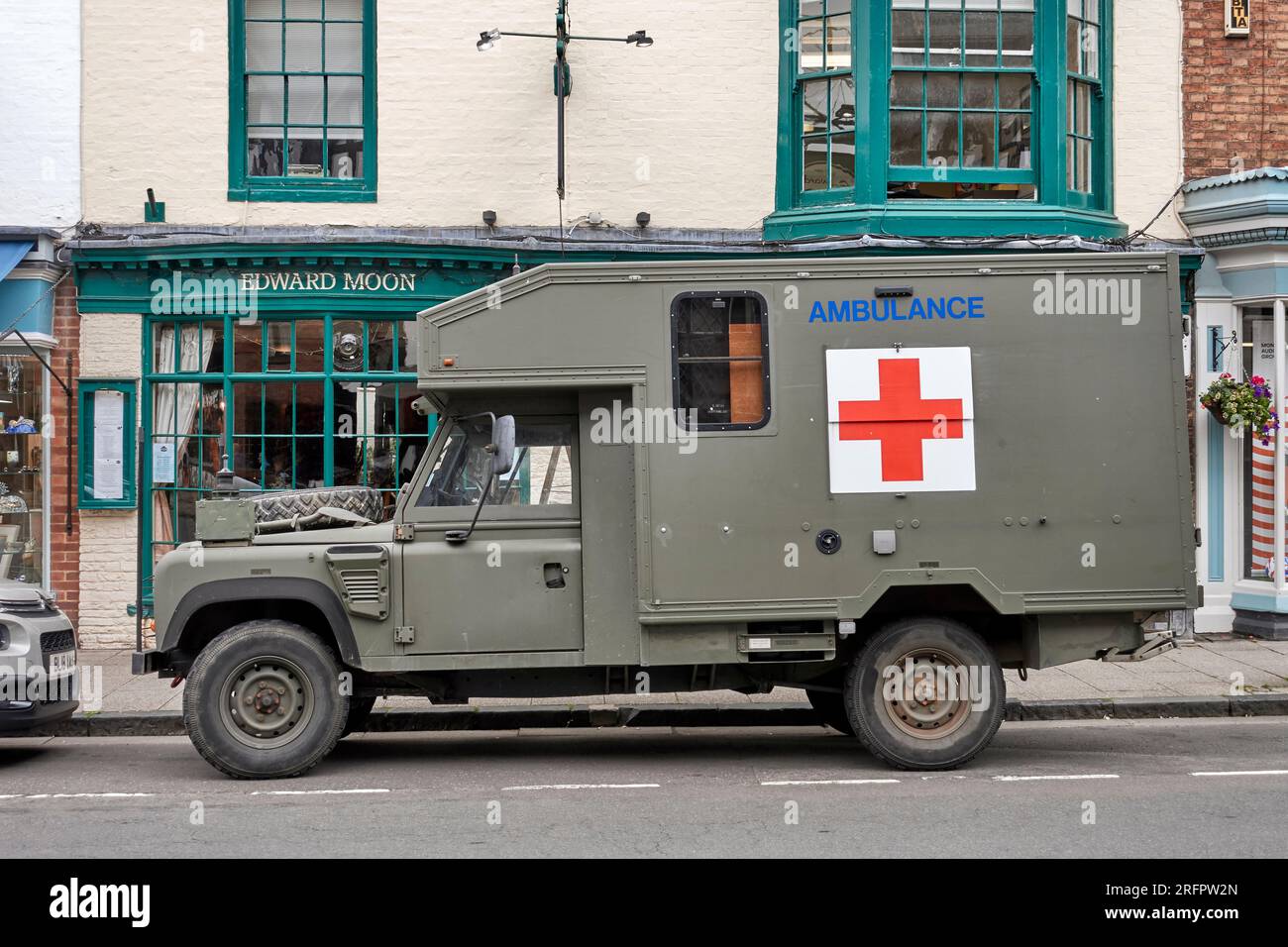 Land Rover Defender army ambulance vehicle Stock Photo