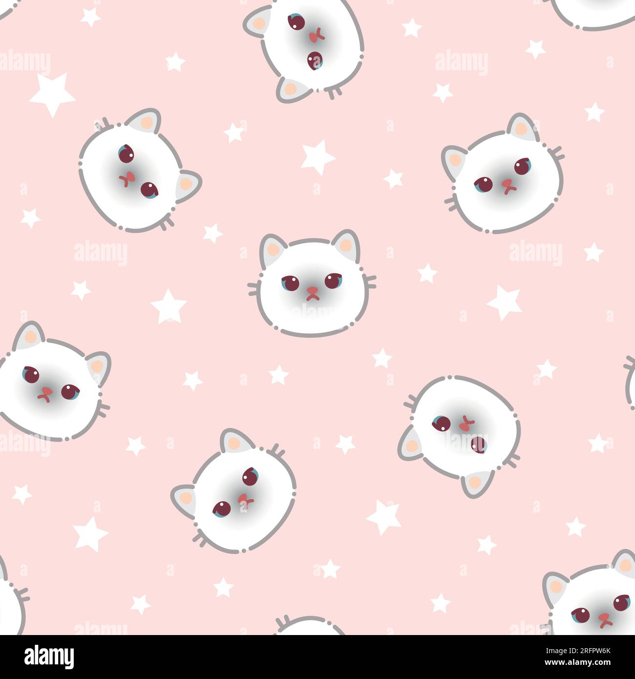 Seamless pattern of a cute cats and white stars. Vector illustration on a pink background. Cartoon style flat design. Concept for children print. Stock Vector