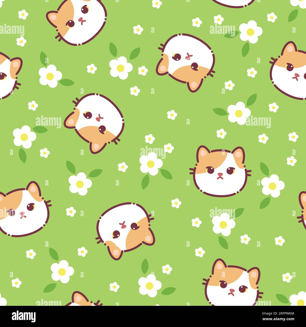 Seamless pattern of a cute cats, flowers and leaves. Vector illustration on a green background. Cartoon style flat design. Concept for children print. Stock Vector