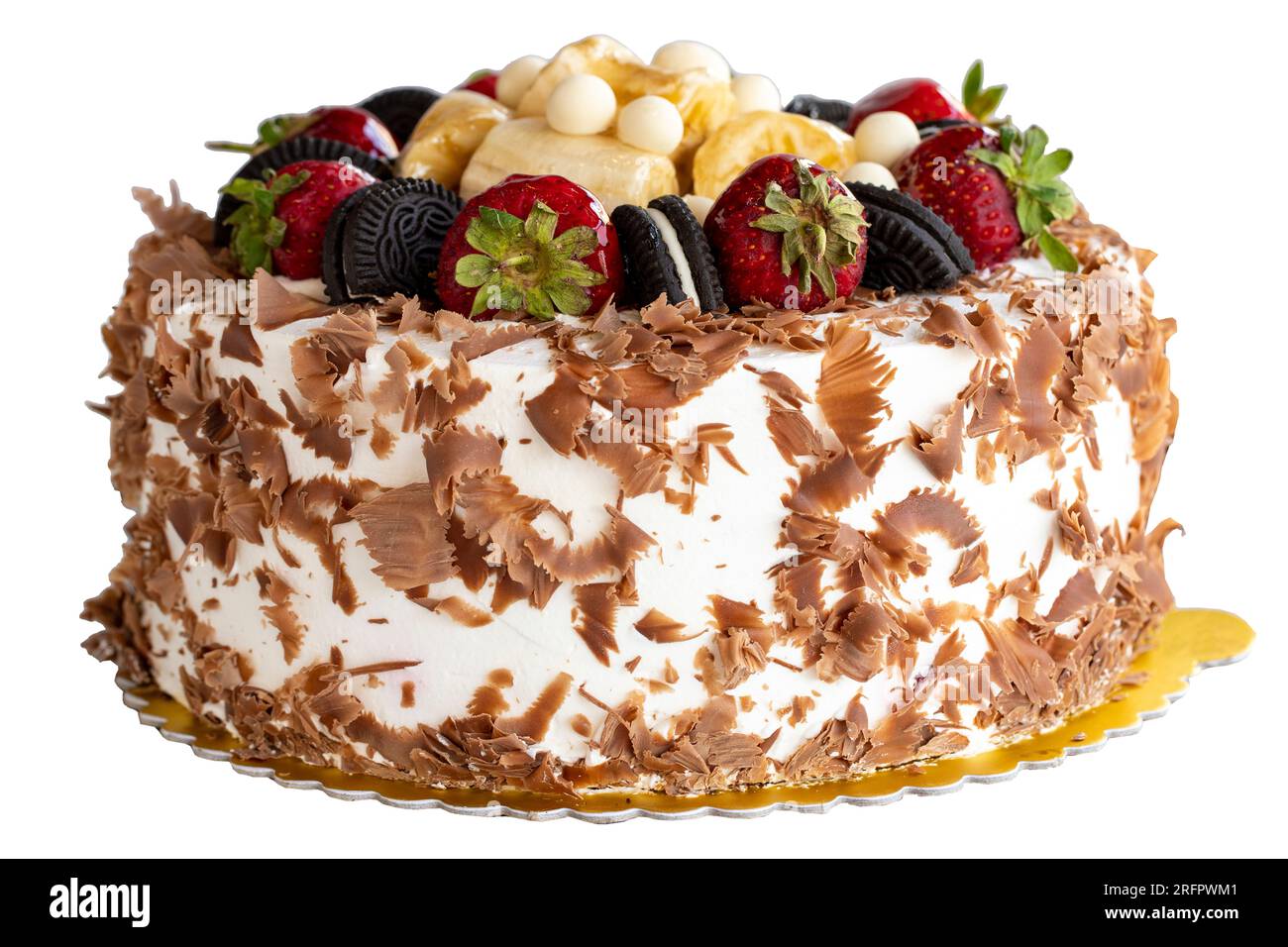 Fruit cake. White chocolate and fruit cake isolated on white background. Celebration and birthday cake. close up Stock Photo