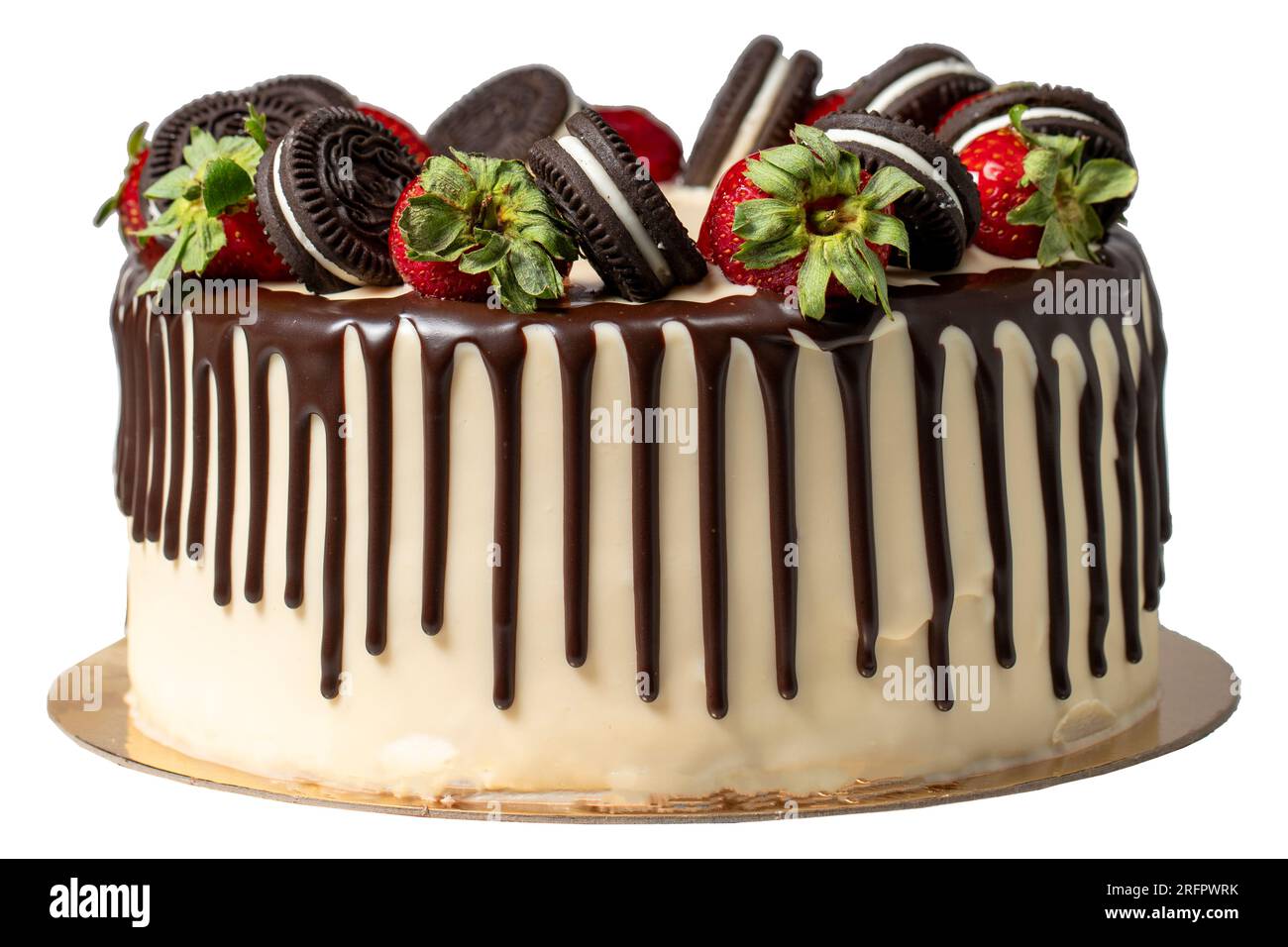 Chocolate cake. Liquid chocolate and strawberry birthday cake isolated on white background. Stock Photo