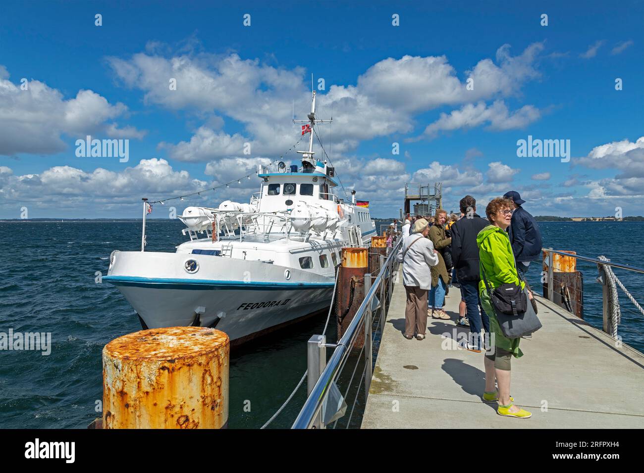 Excursion boat Feodora II, people, landing stage, Langballigau, Langballig, Schleswig-Holstein, Germany Stock Photo