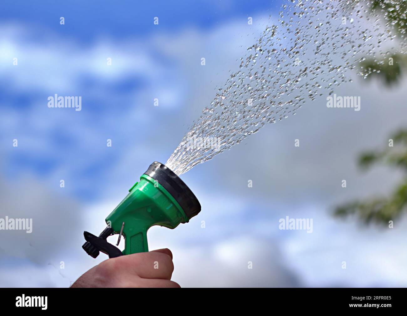 Hand using a hosepipe with sprayer to water plants Stock Photo