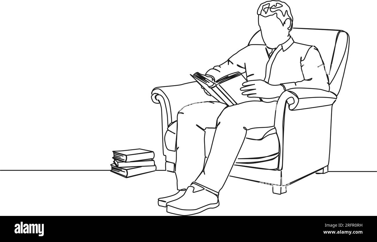 continuous single line drawing of man sitting in armchair reading a book, line art vector illustration Stock Vector