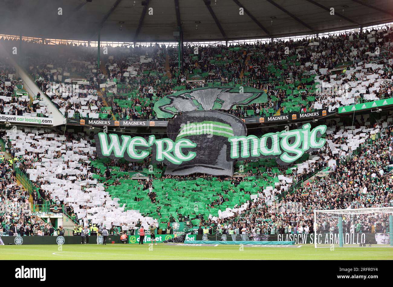 Celtic fans form a tifo in the stands during the cinch Premiership match at Celtic Park, Glasgow. Picture date: Saturday August 5, 2023. Stock Photo