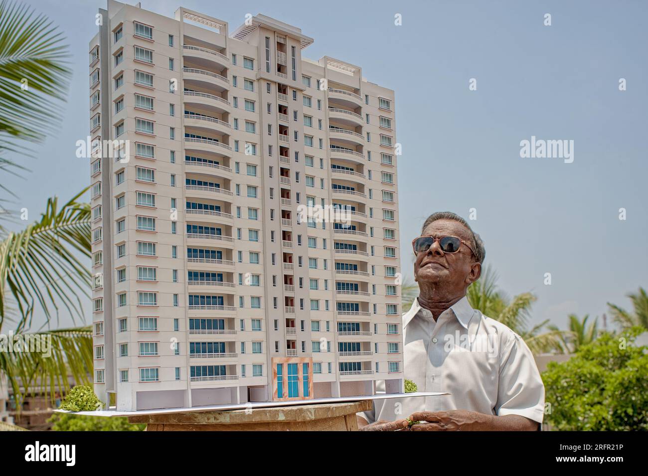 08 18 2009 an architectural scale model of a fteen storey  Residential Building structure made White Mountboard by Mr. S L Dharma for the builder. Che Stock Photo