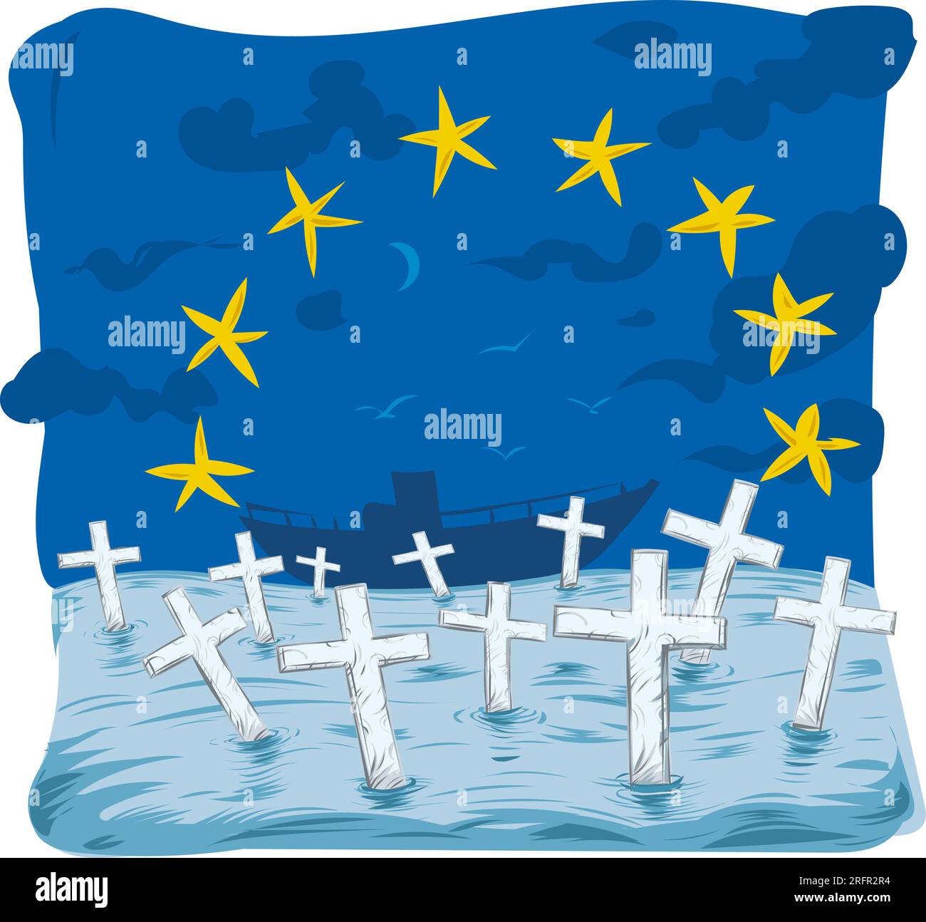 Immigrants drowned in the Mediterranean to go to Europe. vector background Stock Vector
