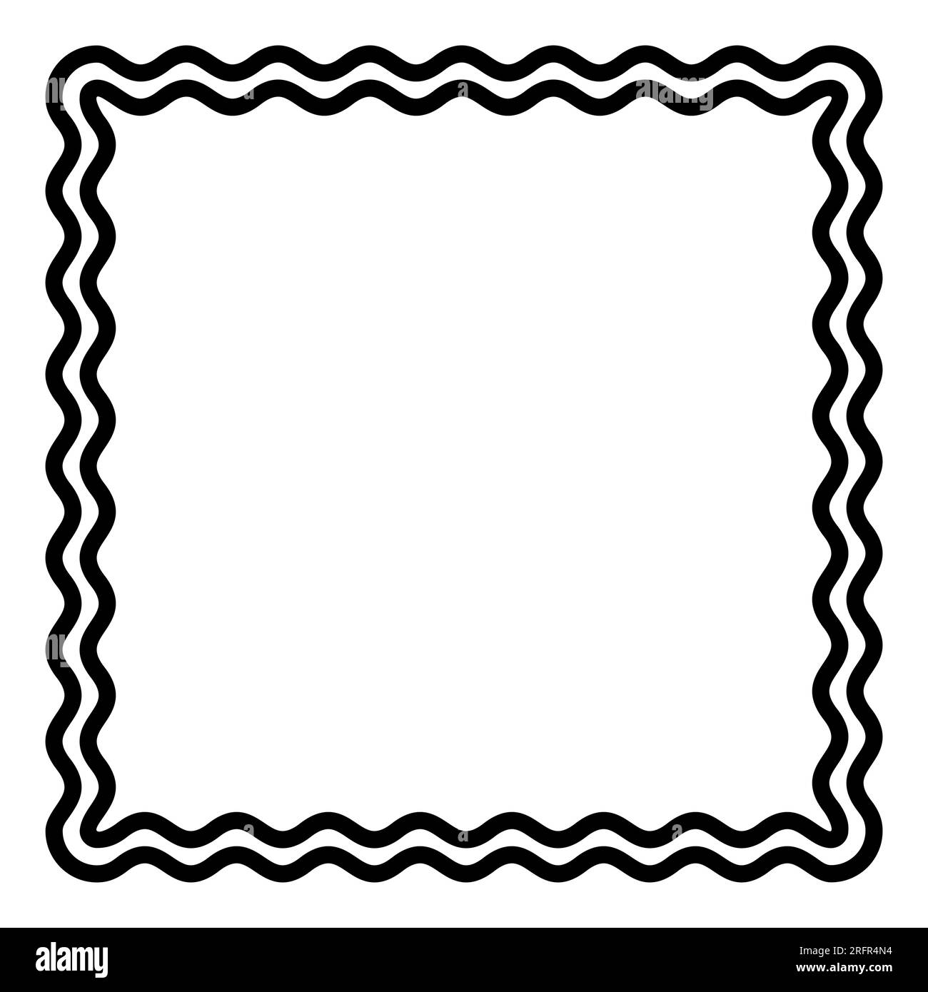 Two bold wavy lines forming a square frame. Decorative and snake-like border, made by two serpentine lines. Isolated black and white illustration. Stock Photo