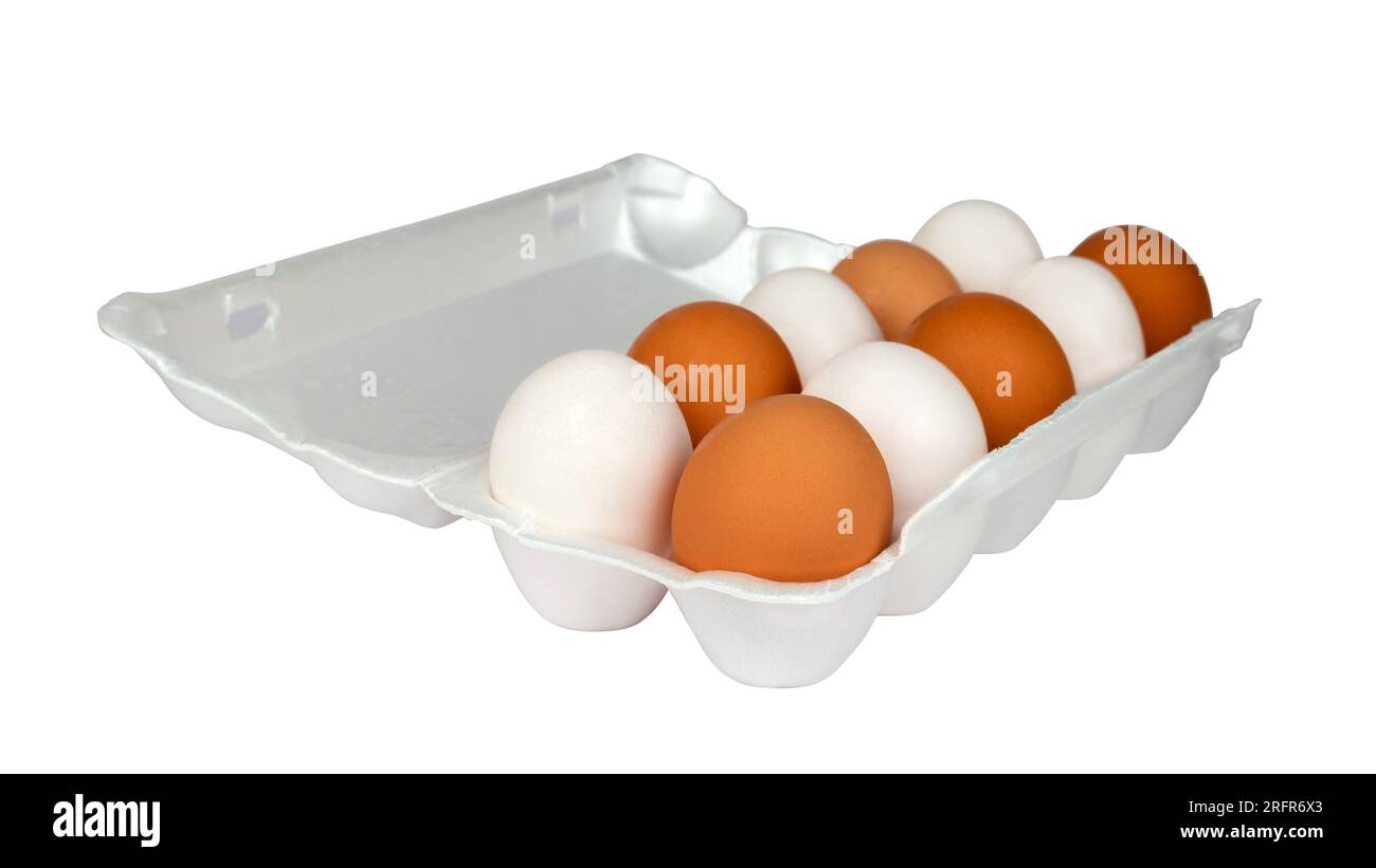 Open egg box with ten white and brown eggs isolated from background