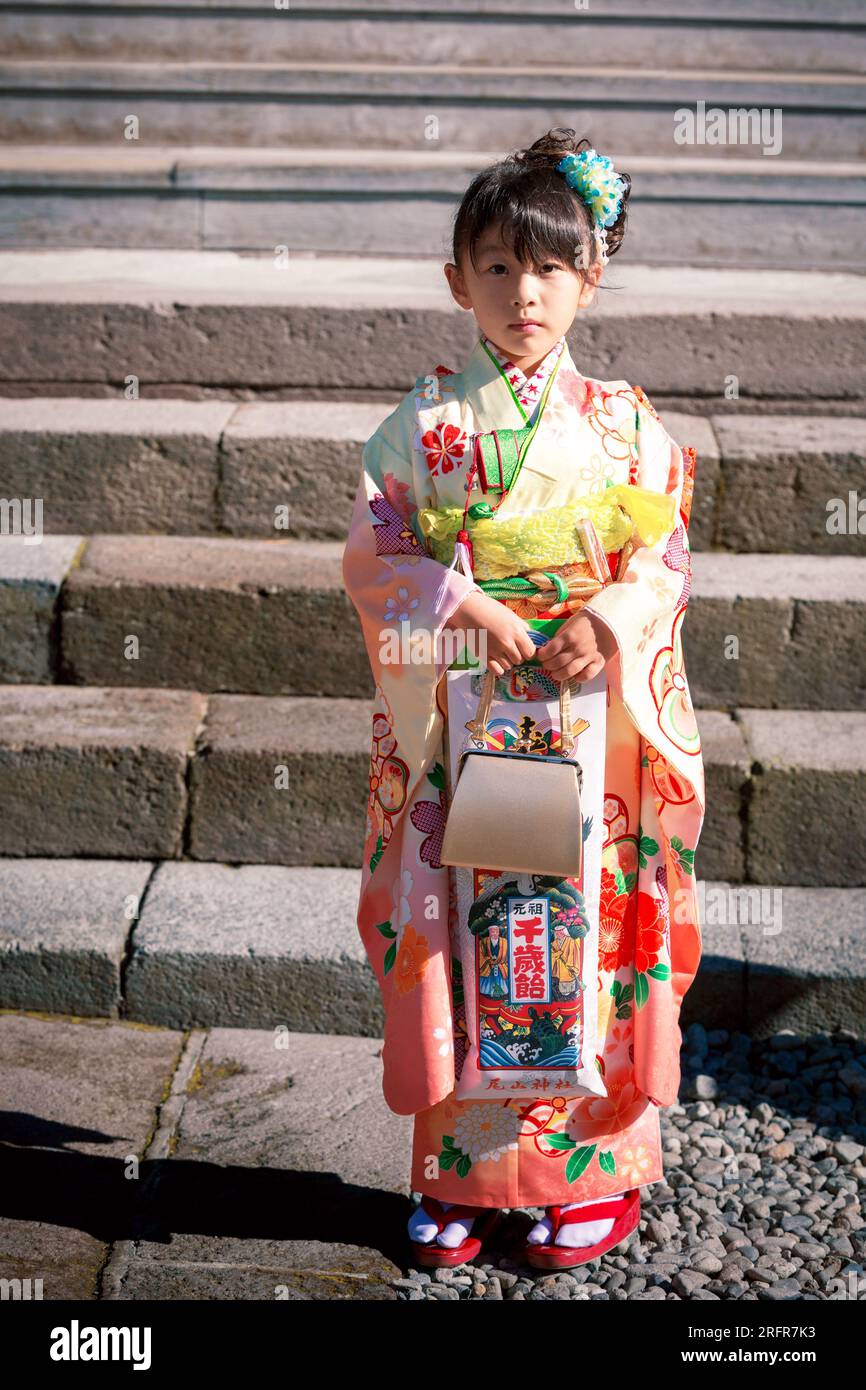 Japanese girl posing during Shichi-Go-San day at Oyama Jinja Shrine, Kanazawa, Japan Stock Photo