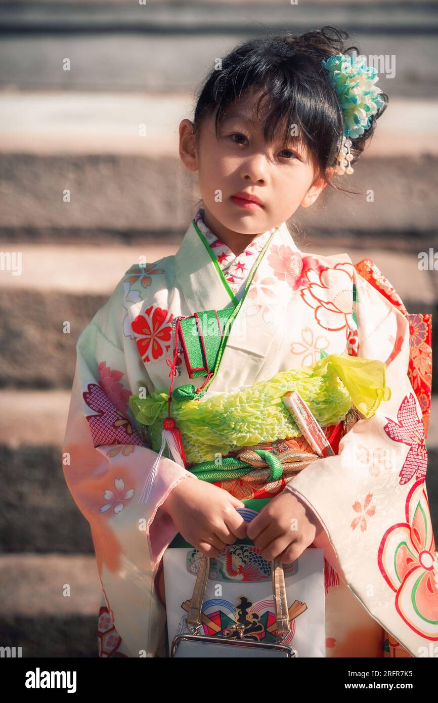 Japanese girl posing during Shichi-Go-San day at Oyama Jinja Shrine, Kanazawa, Japan Stock Photo