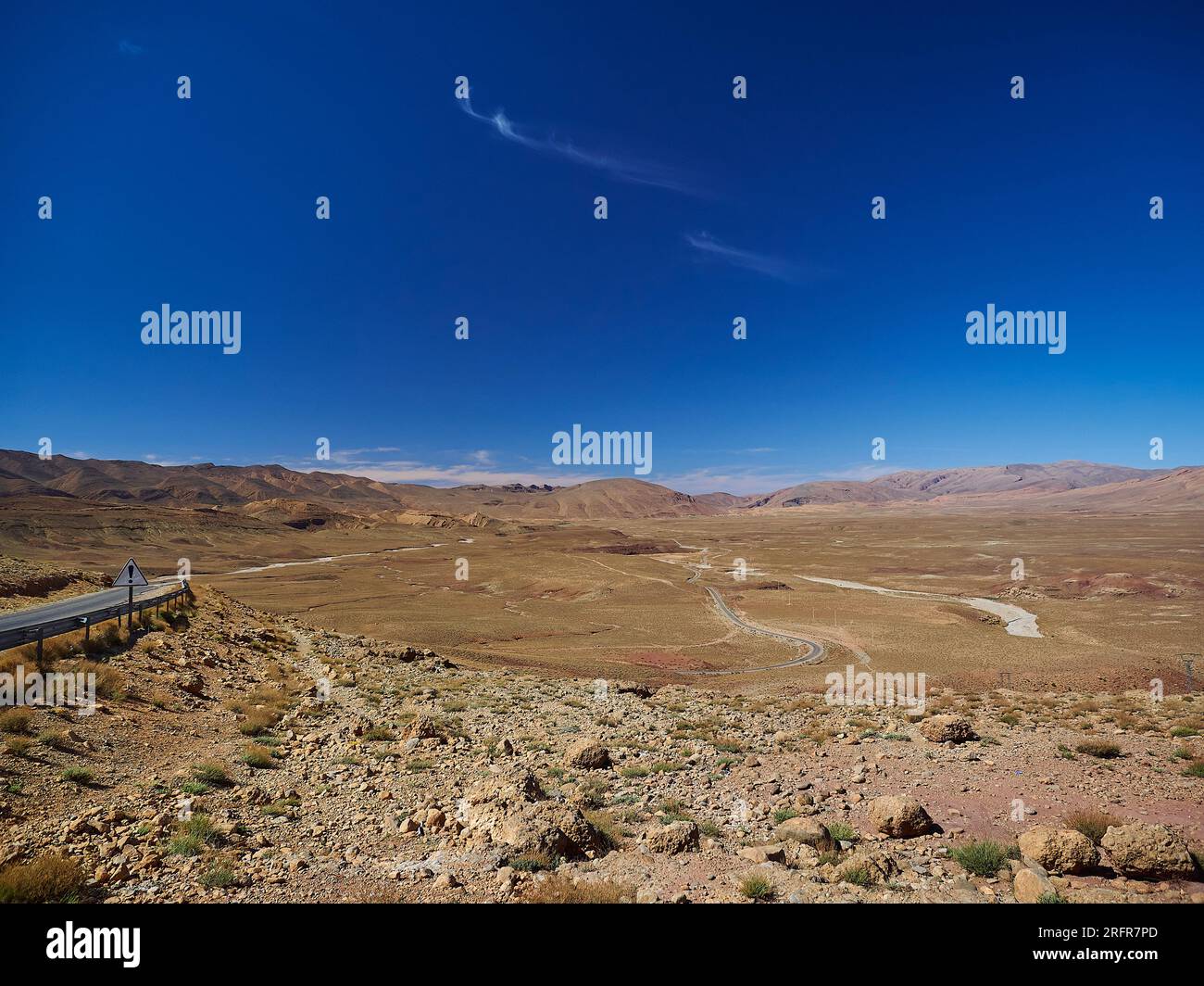 Dry and arid deserted region in a desert landscape in the mountains of Morocco in northern Africa. Stock Photo
