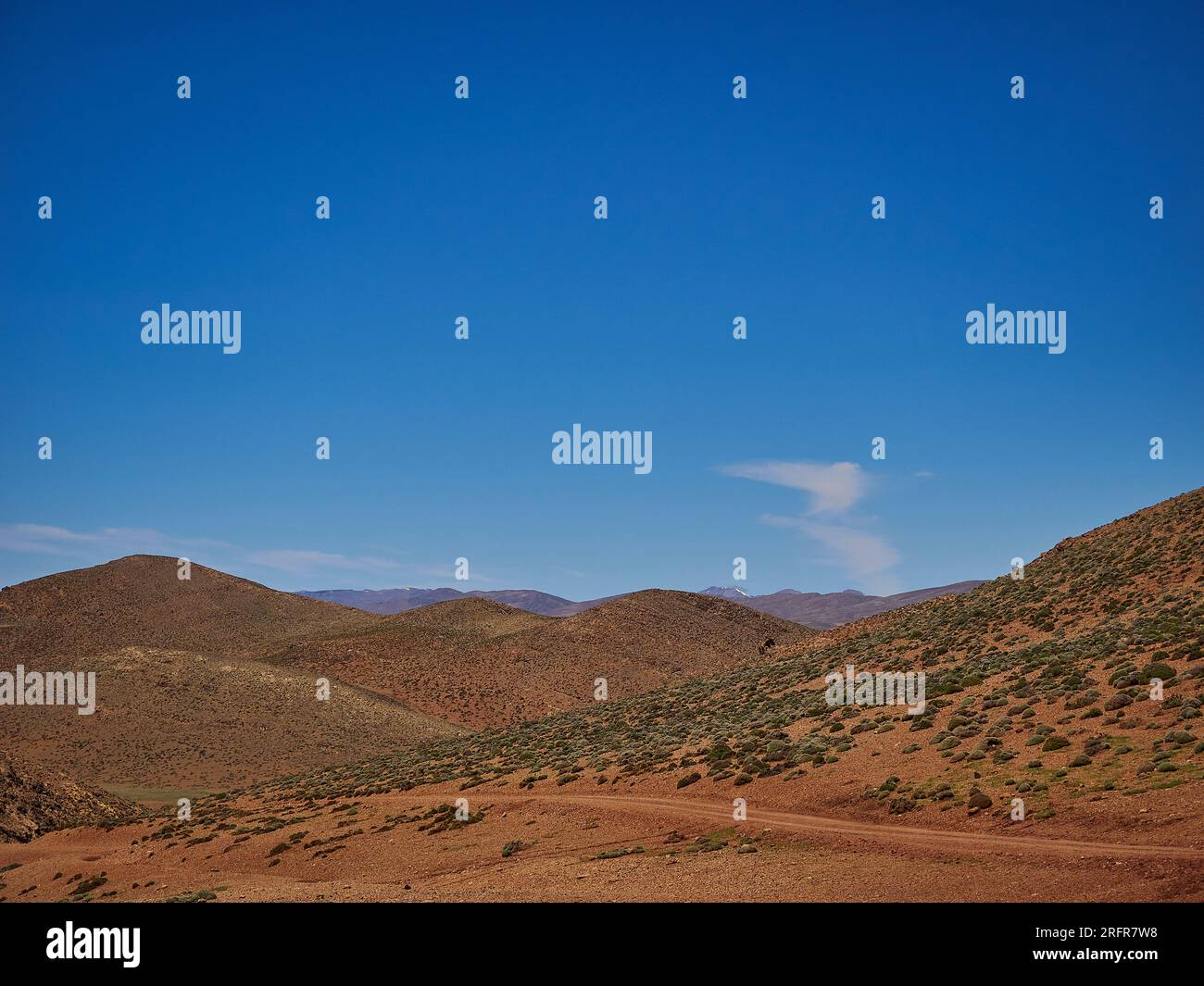 Dry and arid deserted region in a desert landscape in the mountains of Morocco in northern Africa. Stock Photo
