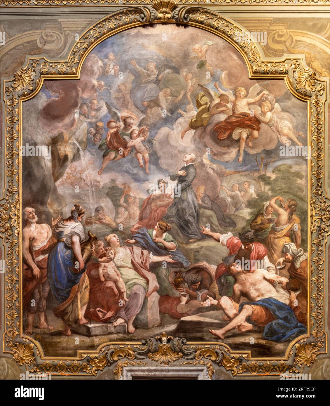 GENOVA, ITALY - MARCH 5, 2023: The fresco of Saint Jerome Emiliani striking water from the rock in the church Chiesa di Santa Maria Maddalena Stock Photo