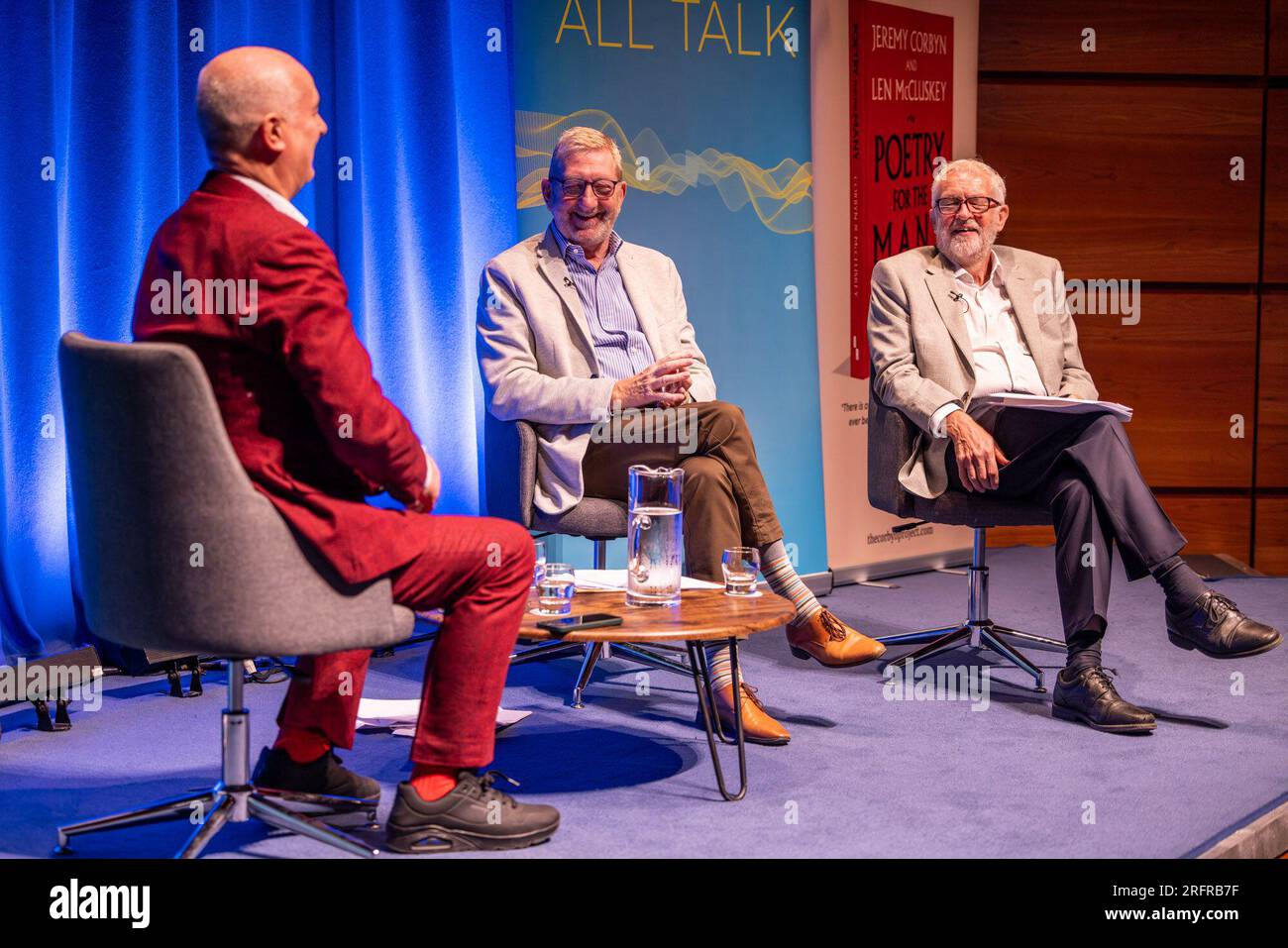 Edinburgh, United Kingdom. 05 August, 2023 Pictured: Iain Dale, Len McCluskey and Jeremy Corbyn. Former Labour leader Jeremy Corbyn MP and renowned trade unionist Len McCluskey are interviewed by LBC presenter Iain Dale at the Edinburgh Fringe. During the interview McCluskey accused Keir Starmer of reneging on an agreement to retain Corbyn in the Labour Party. Jeremy Corbyn was quizzed if he will stand as an independent candidate in his constituency and responded by saying ‘watch this space’. Credit: Rich Dyson/Alamy Live News Stock Photo