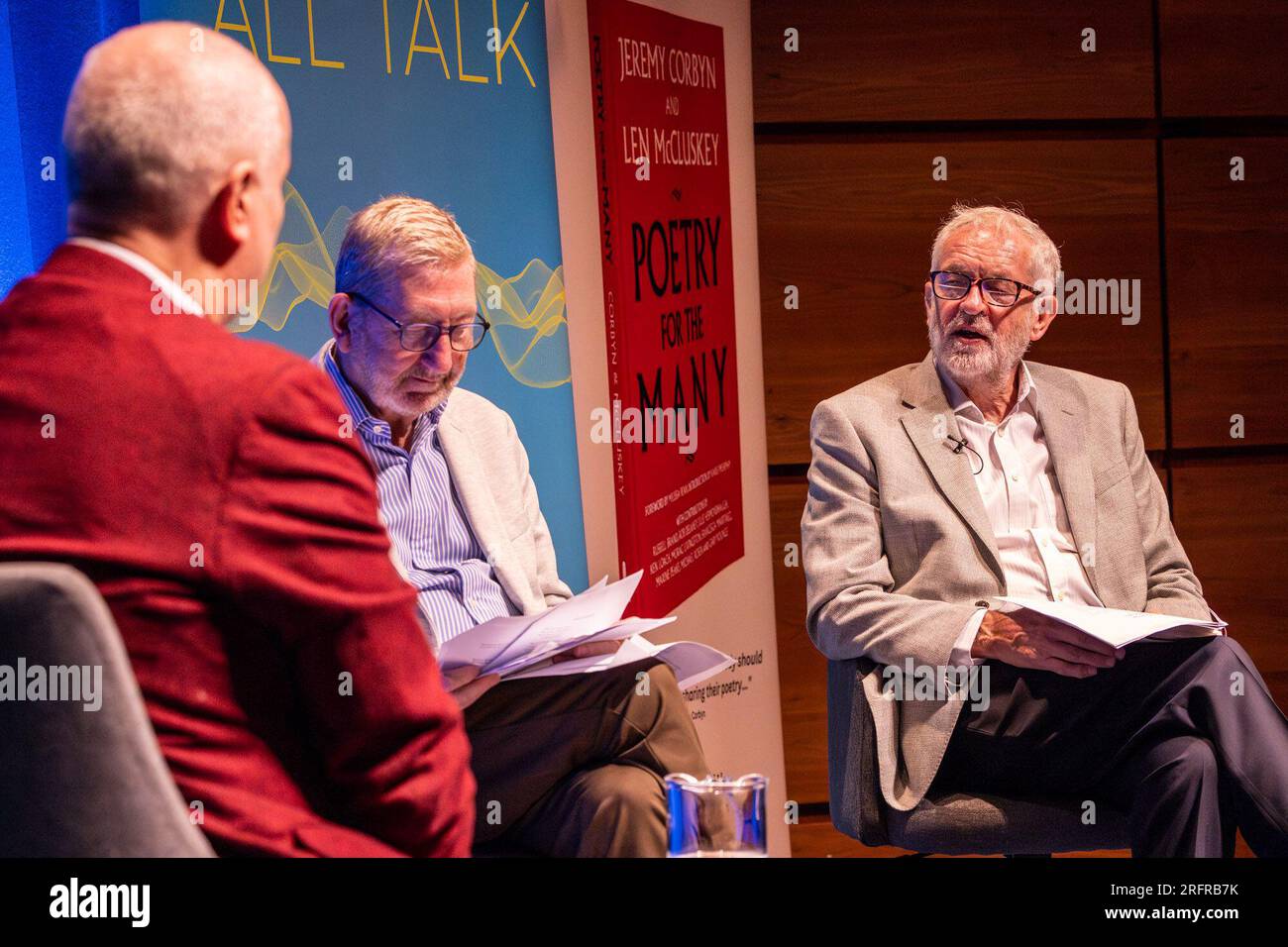 Edinburgh, United Kingdom. 05 August, 2023 Pictured: Iain Dale, Len McCluskey and Jeremy Corbyn. Former Labour leader Jeremy Corbyn MP and renowned trade unionist Len McCluskey are interviewed by LBC presenter Iain Dale at the Edinburgh Fringe. During the interview McCluskey accused Keir Starmer of reneging on an agreement to retain Corbyn in the Labour Party. Jeremy Corbyn was quizzed if he will stand as an independent candidate in his constituency and responded by saying ‘watch this space’. Credit: Rich Dyson/Alamy Live News Stock Photo