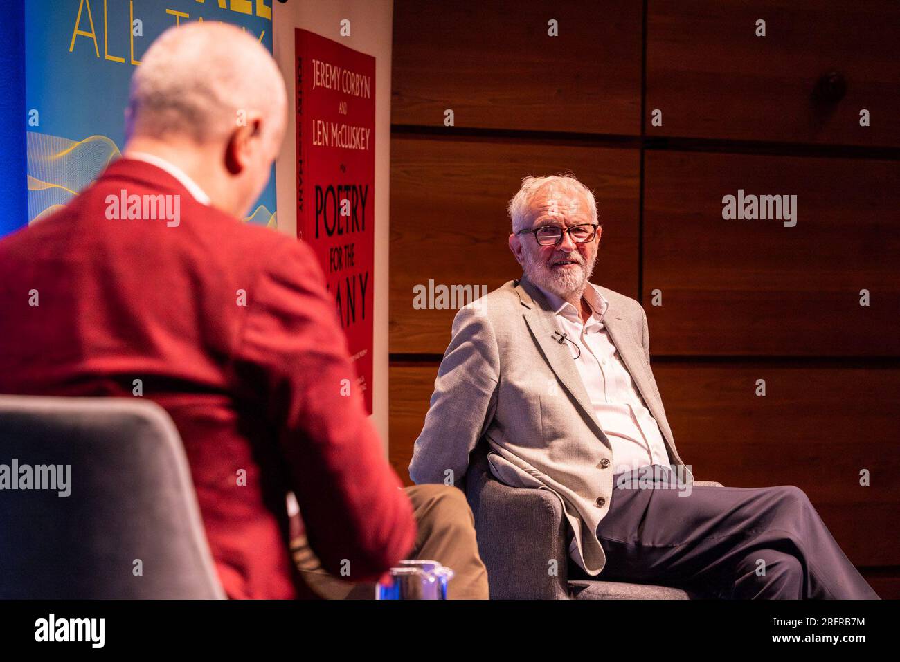 Edinburgh, United Kingdom. 05 August, 2023 Pictured: Iain Dale and Jeremy Corbyn. Former Labour leader Jeremy Corbyn MP and renowned trade unionist Len McCluskey are interviewed by LBC presenter Iain Dale at the Edinburgh Fringe. During the interview McCluskey accused Keir Starmer of reneging on an agreement to retain Corbyn in the Labour Party. Jeremy Corbyn was quizzed if he will stand as an independent candidate in his constituency and responded by saying ‘watch this space’. Credit: Rich Dyson/Alamy Live News Stock Photo