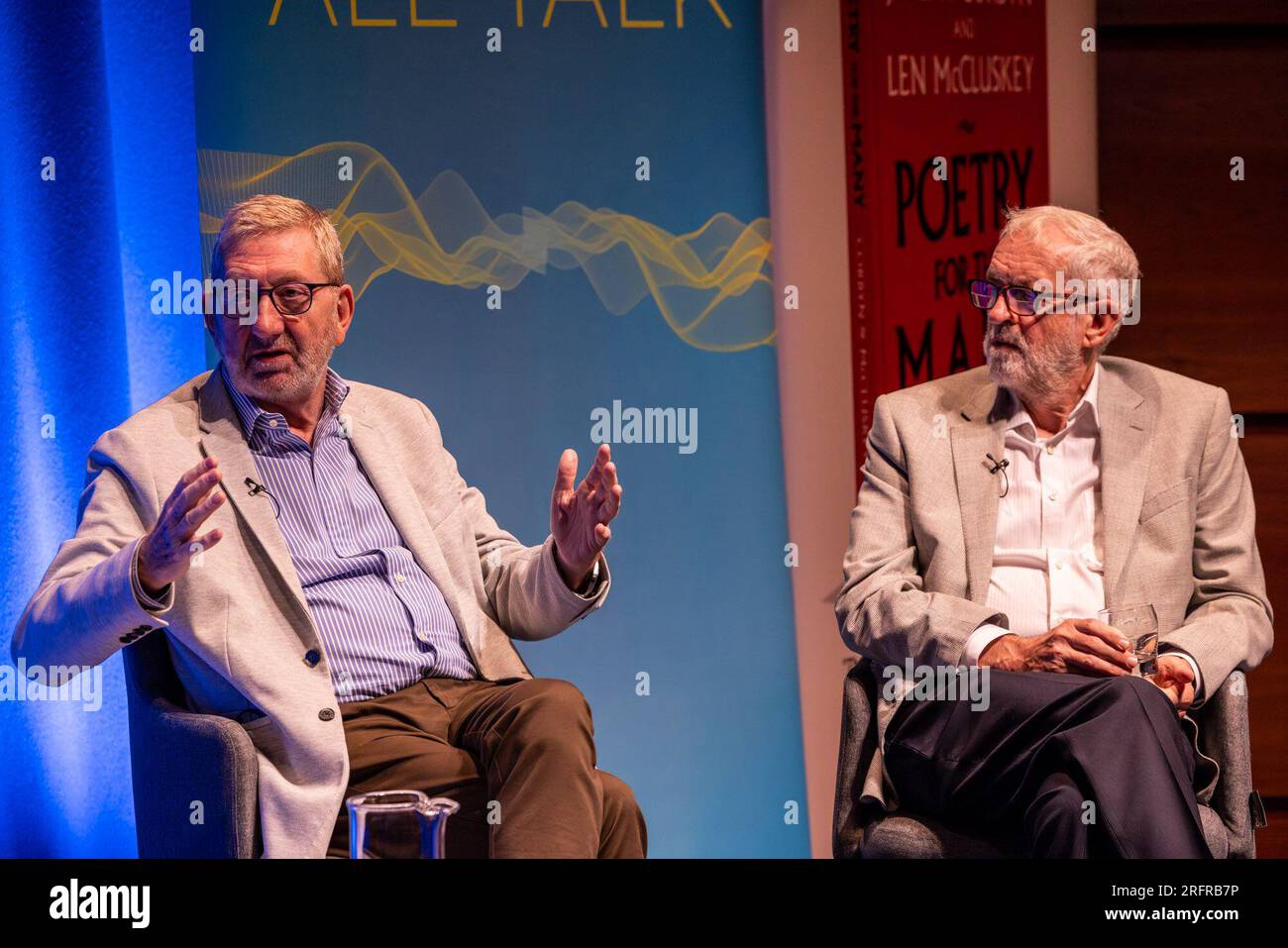 Edinburgh, United Kingdom. 05 August, 2023 Pictured: Len McCluskey and Jeremy Corbyn. Former Labour leader Jeremy Corbyn MP and renowned trade unionist Len McCluskey are interviewed by LBC presenter Iain Dale at the Edinburgh Fringe. During the interview McCluskey accused Keir Starmer of reneging on an agreement to retain Corbyn in the Labour Party. Jeremy Corbyn was quizzed if he will stand as an independent candidate in his constituency and responded by saying ‘watch this space’. Credit: Rich Dyson/Alamy Live News Stock Photo