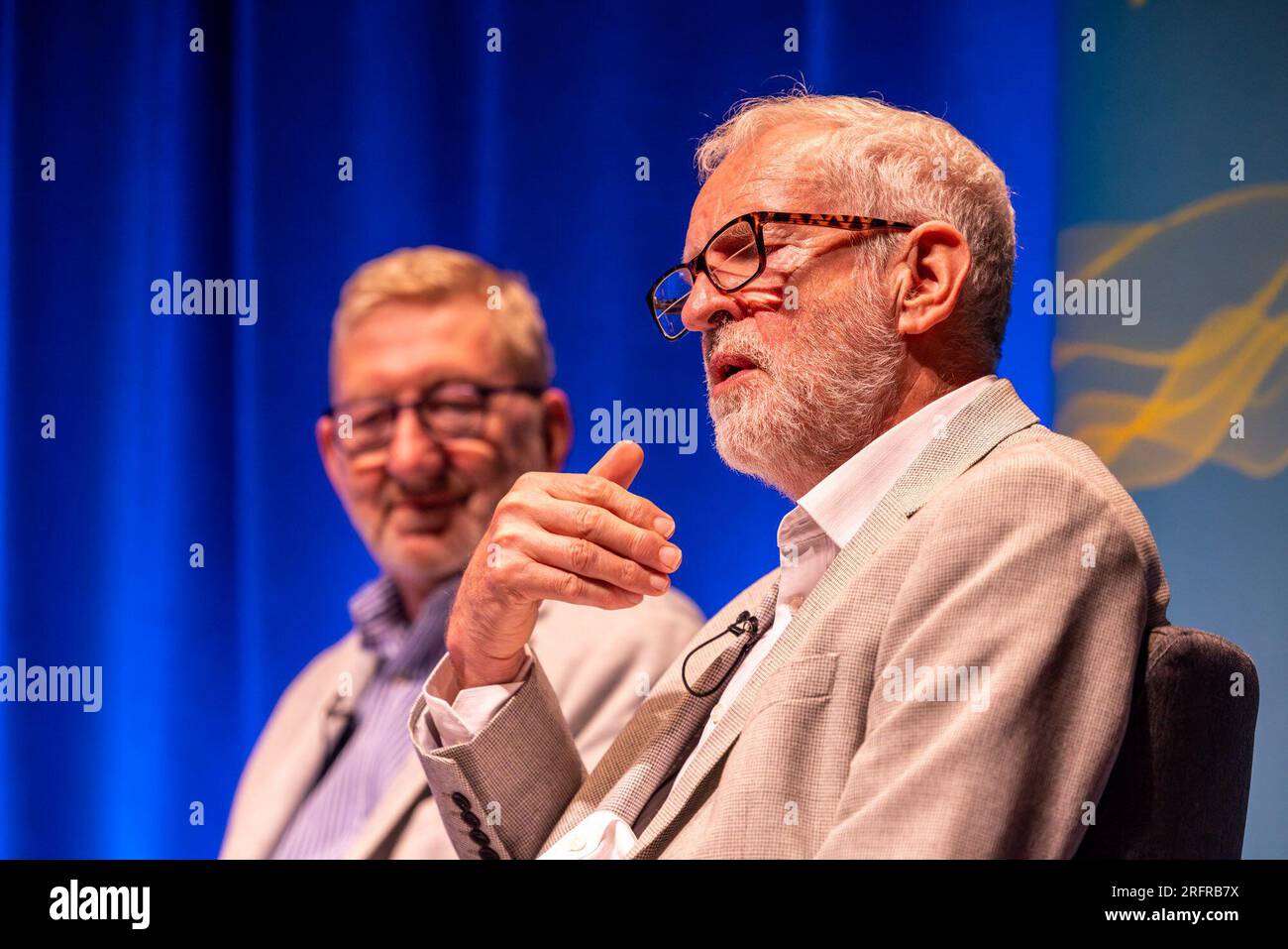 Edinburgh, United Kingdom. 05 August, 2023 Pictured: Len McCluskey and Jeremy Corbyn. Former Labour leader Jeremy Corbyn MP and renowned trade unionist Len McCluskey are interviewed by LBC presenter Iain Dale at the Edinburgh Fringe. During the interview McCluskey accused Keir Starmer of reneging on an agreement to retain Corbyn in the Labour Party. Jeremy Corbyn was quizzed if he will stand as an independent candidate in his constituency and responded by saying ‘watch this space’. Credit: Rich Dyson/Alamy Live News Stock Photo